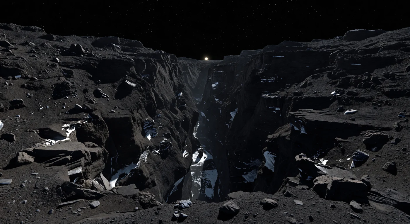 Devant vous, une tranchée étroite entaille un relief tourmenté et descend vers un gouffre presque entièrement noyé dans l’ombre, où seuls les rebords supérieurs et quelques corniches déchiquetées accrochent la lumière rasante d’un Soleil minuscule. Le sol, plus noir que du charbon, mêle croûtes d’organites réfractaires, poussière sombre et glace sale figée en dalles cassantes, tandis que de rares plaques de givre pâle subsistent dans les recoins les plus froids, véritables pièges thermiques préservés par l’absence totale d’atmosphère. Les parois abruptes, hautes de dizaines à centaines de mètres, exhibent fractures, surplombs, effondrements et mesas résiduelles, une topographie extrême rendue possible par une gravité si faible que blocs et graviers semblent à peine retenus au sol. Sous un ciel d’un noir absolu où aucune brume n’adoucit les contrastes, chaque ombre devient une coupure d’encre pure, et l’on a l’impression de se tenir au bord d’un monde brut, fraîchement façonné par l’activité cométaire et le vide.