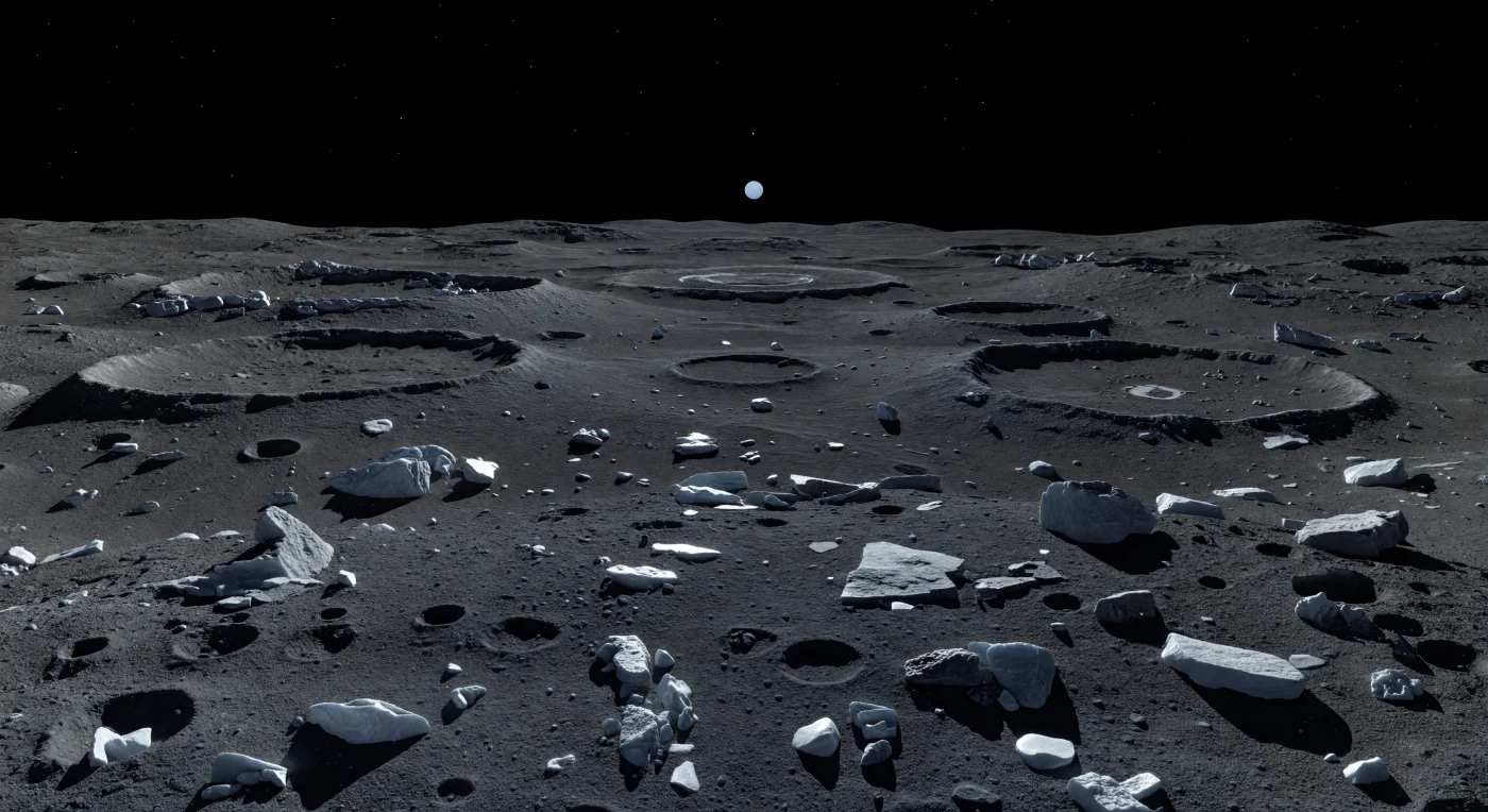 Sous vos pieds s’étend une immensité de hautes terres anciennes, où le régolithe sombre, riche en glace d’eau mais chargé de matériaux carbonés peu réfléchissants, forme une plaine gris anthracite à l’aspect sec et poudreux, semée de blocs anguleux et de brèches arrachés par d’innombrables impacts. Partout, des cratères se chevauchent à toutes les échelles — petites cuvettes proches, bassins usés à l’horizon, chaînes de cratères, reliefs bosselés entre les dépressions — et leurs bords adoucis racontent une surface extrêmement vieille, peu remaniée, où l’absence d’atmosphère, de liquide et d’érosion active a laissé les cicatrices presque intactes pendant des milliards d’années. La lumière du Soleil, minuscule et lointain, est faible mais d’une dureté implacable, traçant des ombres d’une netteté absolue sous un ciel noir pur, tandis que quelques éclats blancs sur des fractures fraîches et un discret anneau clair dans un cratère lointain trahissent des expositions de glace plus propre. Avec la faible gravité qui préserve des pentes abruptes et des formes cassantes, et le disque cyan pâle de la planète géante suspendu bas dans le vide, le paysage paraît figé hors du temps, colossal, silencieux et profondément étranger.