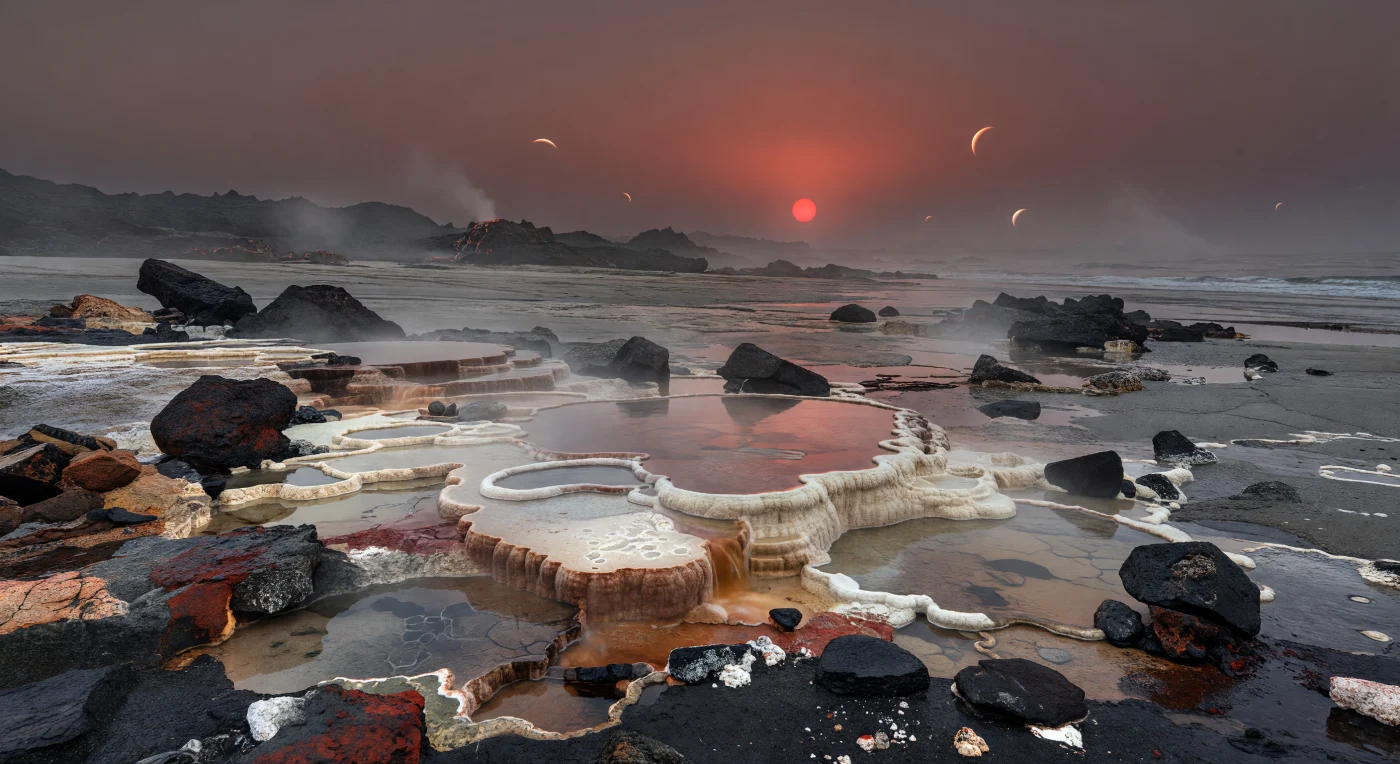 À hauteur du sol, on découvre une frange de pénombre permanente où des bassins hydrothermaux fumants s’étalent dans un basalte noir fracturé, altéré en rouge ferrugineux, gris soufré et charbon humide, tandis que des terrasses minérales crème et beige pâle descendent en gradins délicats vers une rive glaciale battue par une mer d’acier sombre. De minces filets d’eau chaude chargée en silice et en carbonates déposent des lèvres de sinter luisantes, des vasques festonnées et des croûtes translucides, preuve d’une interaction active entre volcanisme, circulation souterraine de fluides et contraste thermique extrême propre à une zone terminatrice sur un monde verrouillé gravitationnellement. La faible étoile rouge, suspendue bas sur l’horizon sans jamais se lever ni se coucher, diffuse à travers la brume une lumière écarlate assourdie qui se reflète en cuivre et en rose sur les surfaces mouillées, pendant que des fumerolles et un brouillard marin froid brouillent les plaines de lave et les reliefs volcaniques lointains. Dans cette semi-obscurité silencieuse, où d’autres mondes du système peuvent apparaître comme de grands disques à travers les trouées de vapeur, l’échelle reste étonnamment familière, mais chaque roche lustrée, chaque souffle de condensation et chaque vaguelette sombre rappelle qu’on se tient sur un rivage radicalement étranger.