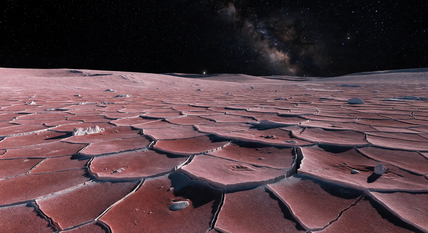 À hauteur du sol, la plaine gelée se fragmente en plaques polygonales de quelques mètres à plusieurs dizaines de mètres de large, d’un rouge rosé à brun cramoisi, comme une croûte de glaces volatiles durcie et teintée par des tholins, ces composés organiques complexes noircis par l’irradiation pendant des milliards d’années. Entre elles s’ouvrent de fines fissures de contraction thermique, noires comme des entailles dans le vide, parfois bordées d’un liseré de givre blanc où la glace fraîche affleure, tandis que quelques blocs anguleux et micro-escarpements restent figés dans la faible gravité, sans vent ni érosion pour en adoucir les contours. La lumière arrive d’un Soleil si lointain qu’il n’apparaît que comme un point éclatant près de l’horizon, projetant des ombres interminables et d’une netteté tranchante qui soulignent la géométrie du terrain avec un contraste presque irréel. Au-dessus, le ciel est un noir absolu semé d’étoiles aiguës et traversé par la bande dense de la Voie lactée, donnant à cette étendue immobile, à environ 40 K, une grandeur silencieuse et étrangère où chaque fracture semble préservée depuis l’aube du Système solaire.