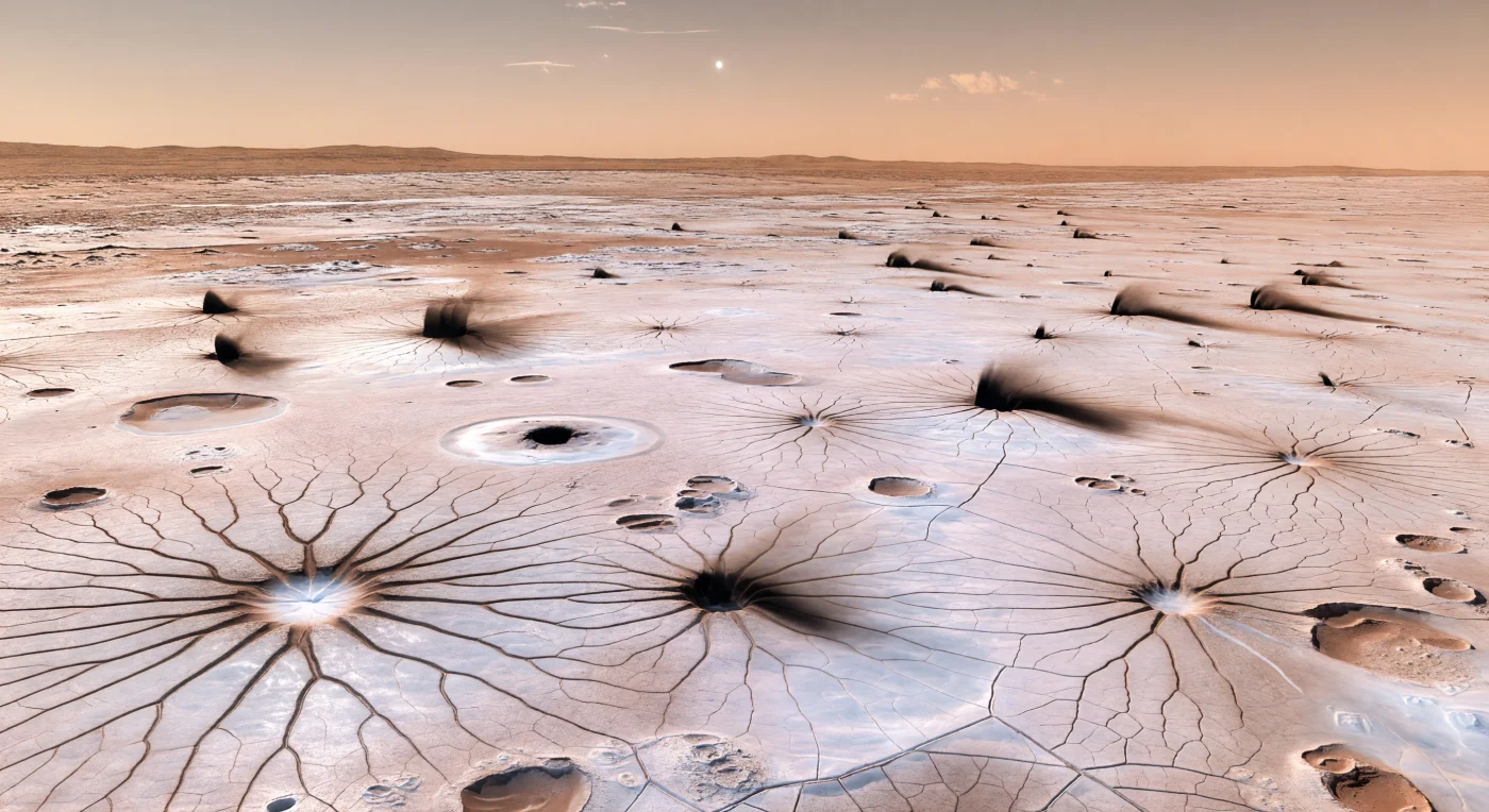 Sous vos pieds s’étend une plaine polaire presque infinie, blanche à rosée, où une dalle translucide de glace de dioxyde de carbone capte une lumière dure et froide tandis qu’innombrables éventails sombres de sable basaltique et de poussière s’allongent sous le vent sur la surface claire. Au premier plan, les terrains aranéiformes révèlent avec une netteté saisissante leurs rigoles radiales en forme d’araignée, creusées lorsque le CO₂ saisonnier se sublime sous la glace, accumule de la pression puis jaillit par des fissures, projetant en surface ces dépôts noirs en coins parfaitement découpés. De subtiles fractures polygonales, de petites cuvettes festonnées et de faibles rides de poussière rompent la monotonie de la calotte saisonnière, tandis que les motifs se répètent sur des kilomètres jusqu’à une ligne d’horizon basse, accentuant l’ouverture immense d’un monde à faible gravité et à atmosphère ténue. Au-dessus, un ciel saumon pâle virant au caramel vers l’horizon et plus sombre au zénith, presque dépourvu de brume, encadre un Soleil plus petit que vu depuis la Terre, dont l’éclat rasant cisèle des ombres d’une précision extrême dans chaque fissure et chaque chenal.