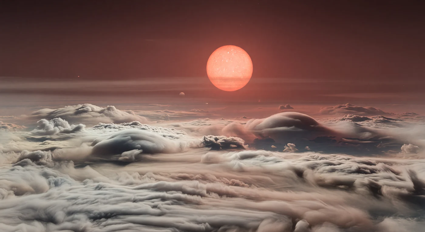 Sous vous, aucune terre ferme n’apparaît : seulement un océan mondial de nuages mats, strié de gris argenté, de crème chaude et de beige rosé, dont les vastes dômes convectifs gonflent sur des kilomètres avant de se perdre dans des creux plus sombres noyés de brume. À cet étage de l’atmosphère, on survole non pas une surface, mais une épaisse enveloppe volatile riche en condensats et en brumes, probablement liée à des couches profondes d’eau à l’état supercritique, sous des pressions et des températures où le paysage solide n’existe tout simplement plus. Au-dessus de cet horizon dissous dans une opacité rouge brun, l’étoile hôte domine le ciel comme un immense disque orange-rouge, dix à douze fois plus large que notre Soleil vu depuis la Terre, diffusant une lumière rouille douce qui efface presque les ombres. Tout semble colossal, étouffé et étrangement calme, comme si l’on flottait au sommet d’une mer chaude sans rivage, suspendu dans une atmosphère dense où la météo elle-même devient le paysage.