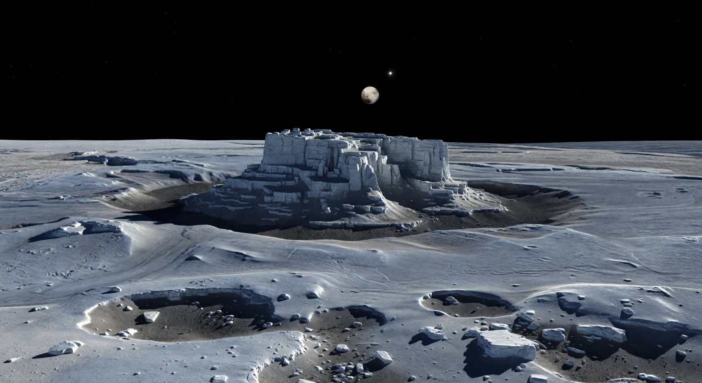 Devant vous, un massif isolé de glace d’eau ancienne se dresse comme une île échouée au milieu de la vaste plaine gelée, ses falaises abruptes, ses gradins et ses dalles anguleuses surgissant de plusieurs kilomètres au-dessus du terrain environnant. À sa base, un fossé annulaire sombre, peu profond mais nettement découpé, le sépare des plaines plus lisses qui l’encerclent, où l’on distingue des textures d’écoulements cryovolcaniques figés, de faibles rides, des fractures polygonales et quelques petits cratères secondaires. Ici, rien n’est liquide : le sol est un assemblage de glace d’eau dure comme la roche, mêlée d’impuretés minérales, de poussière d’impact noirâtre et de traces de composés ammoniacaux, le tout conservé avec une netteté extrême par le vide, le froid intense et une gravité si faible que les escarpements restent étonnamment raides. Sous un ciel absolument noir, éclairé par un Soleil minuscule mais implacable, les ombres tranchantes creusent les crevasses d’un bleu noir profond tandis que, immobile au-dessus de l’horizon, le disque de Pluton domine ce paysage silencieux et colossal.