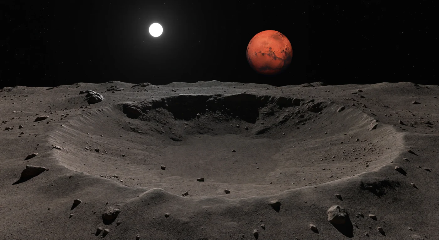 À l’intérieur de ce cratère peu profond, le sol s’étire comme une nappe de poussière sombre et immobile, d’un brun cendré mat, si fin qu’il semble avoir été lentement mis en étang au fond de la dépression sous l’effet d’une gravité presque inexistante. Les parois internes, basses et doucement affaissées, sont tapissées d’un manteau de régolithe carboné qui adoucit les reliefs d’impact, où quelques pierres anguleuses, des micro-cratères discrets et de faibles traînées de poussière en pente trahissent la migration très lente des débris sur des millions d’années. Sous un Soleil plus petit que vu depuis la Terre, la lumière tombe sans diffusion, sculptant des ombres longues et tranchantes qui révèlent l’absence totale d’atmosphère et le caractère sec, poudreux, intact de la surface. Au-dessus du rebord émoussé du cratère, dans un ciel noir absolu, un disque rouge immense domine l’horizon bosselé : sa présence fixe et détaillée donne à ce paysage silencieux une étrangeté saisissante, comme si l’on se tenait sur une poussière fossile suspendue dans le vide.