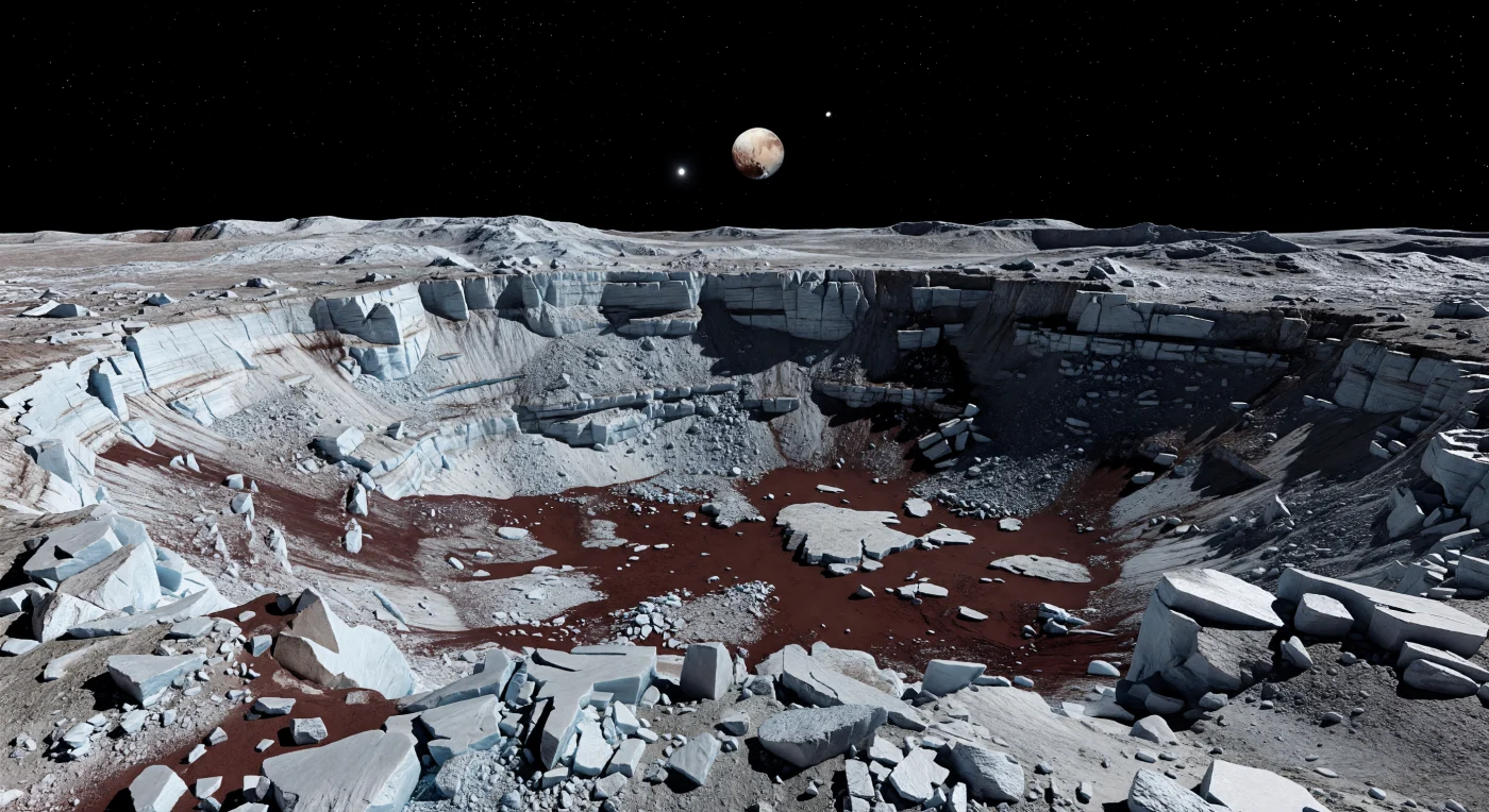 Depuis le bord d’un cratère polaire, le regard plonge dans un bassin aux parois abruptes de glace d’eau pâle, cassées en gradins, en dalles acérées et en éboulis figés par d’antiques impacts et fractures tectoniques. Au fond, la blancheur froide des roches laisse place à un manteau sombre rouge brun à marron, une fine couche de composés organiques irradiés — riches en tholins — accumulés dans les creux et sur les bosses, où quelques taches plus claires trahissent la glace sous-jacente. Dans le vide absolu, sans air pour adoucir la lumière ni l’érosion pour émousser les reliefs, le petit Soleil projette des ombres noires d’une netteté implacable, tandis que les hautes terres polaires lointaines, criblées de cratères, se détachent avec une clarté irréelle jusqu’à la légère courbure de l’horizon. Suspendu dans le ciel noir, un grand disque lointain aux teintes beige brun rappelle que ce paysage glacé appartient à un système binaire, et renforce l’étrange sensation de se tenir sur un monde minuscule, silencieux et extraordinairement ancien.