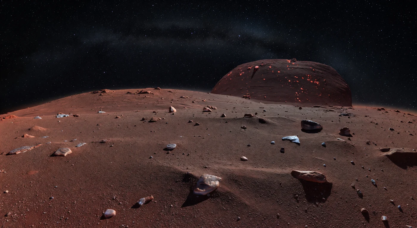 من هذا المستوى المنخفض تبدو سهول الفص الأكبر امتدادًا هادئًا من قشرة حبيبية متجمدة بلون القرميدي المحروق والعنابي الداكن، مرصعة بحصى متناثر ونتوءات واطئة، ثم تنحني مبتعدة بسرعة نحو أفق قريب مقوّس بشكل لافت يكشف صغر هذا العالم وضعف جاذبيته الشديد. السطح صلب وجاف عند نحو 40 كلفن، مكوَّن من ركيزة بدئية غنية بالثولينات المشعَّعة ممزوجة بجليدات متطايرة متجمدة، لذلك تحتفظ الأرض بدرجاتها الحمراء الفائقة مع ومضات نادرة من حبيبات جليد أحدث وأكثر بياضًا في المواضع المحمية، بينما ترسم أشعة الشمس البعيدة — التي تبدو كنجم أبيض صغير لا كقرص — ظلالًا حادة وطويلة فوق كل حصاة وتموج ضحل في غياب تام لأي غلاف جوي. لا غبار عالق هنا ولا سحب ولا ضباب؛ فقط سماء سوداء فراغية تزدحم بنجوم حادة ودرب تبانة كثيف، وفوق أحد الجوانب يعلو الفص الآخر كجدار تليّ مظلم محمر، مفلطح ومستدير ومبقع بدرجات برتقالية حمراء أخف مع أخاديد خافتة وفوهات قليلة. المشهد كله ساكن على نحو مهيب، كأنه صفحة محفوظة من فجر النظام الشمسي لم يمسسها تغير يُذكر منذ بلايين السنين.