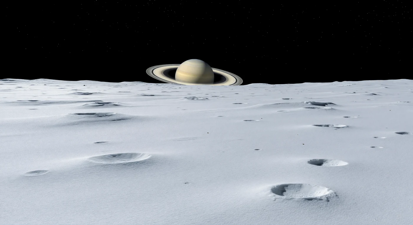 Devant vous s’étend une plaine équatoriale presque parfaitement lisse, faite d’un régolithe de glace d’eau si clair qu’il semble poudré de givre, à peine modelé par de douces ondulations et quelques petits cratères aux bords émoussés par un lent jardinage d’impact. L’absence totale d’atmosphère rend chaque détail net jusqu’à l’horizon proche et sensiblement courbe, rappelant la petite taille du monde et sa gravité très faible, tandis que le Soleil, minuscule mais implacable, découpe des ombres noires et compactes dans cette lumière blanche, dure et sans filtre. Ici, la surface est dominée par la glace d’eau ancienne, avec seulement de subtiles nuances grisâtres et de rares points plus sombres témoignant d’infimes contaminants non glacés mêlés au terrain. Au-dessus de cette immensité silencieuse, le vide est d’un noir absolu, et l’énorme disque crème de Saturne, barré par l’arc éclatant de ses anneaux, remplit le ciel d’une présence monumentale qui transforme ce désert gelé en un paysage d’une majesté profondément étrangère.