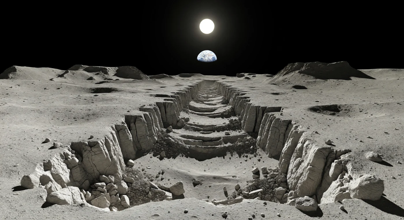 Devant vous, un fossé tectonique d’une rectitude presque irréelle entaille la plaine lunaire comme un trait gravé dans la croûte, encadré par deux escarpements de faille quasi parallèles dont les faces fraîchement mises à nu brillent plus clair que le régolithe mûr alentour. Au pied des parois, des blocs anguleux d’un socle anorthositique à basaltique se sont accumulés en éboulis, tandis qu’au fond de la dépression une poussière grise, fine et sèche, s’est déposée en nappe lisse sous l’effet des faibles glissements de terrain permis par une gravité six fois moindre que celle de la Terre. La lumière solaire, non filtrée par aucune atmosphère, tranche chaque relief avec une netteté brutale : ombres noires comme l’encre, cratères secondaires, gradins de faille et rochers épars ressortent avec une précision clinique sous un ciel parfaitement noir. Rien ici n’a été adouci par le vent ou l’eau ; cette cicatrice géométrique, longue de kilomètres, révèle un monde où la tectonique cassante, les impacts et l’accumulation lente du régolithe racontent l’histoire intacte d’une surface figée depuis des milliards d’années.