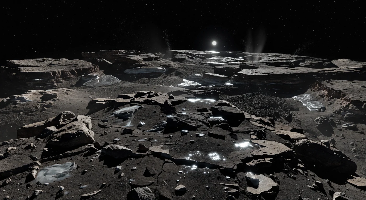 Depuis le sommet d’une éminence déchiquetée, le sol paraît fait de plaques fracturées presque noires, de cailloux anguleux et d’un régolithe charbonneux où affleurent par endroits de petites taches de glace d’eau, blanches et froides, éclatant sous une lumière crue. Au-delà, des crêtes sombres, des mesas tronquées, des falaises abruptes et des dépressions effondrées s’abaissent vers un horizon nettement courbe, révélant d’un seul regard la petitesse du noyau, à peine quelques kilomètres de large, sculpté par une gravité infime et par la sublimation des glaces. Ici, il n’y a ni air ni liquide : seulement un mélange primitif de poussières organiques réfractaires, de glace sale et de blocs faiblement liés, avec de minces panaches de gaz et de poussière s’élevant de parois ensoleillées tandis que des grains dérivent lentement au-dessus du terrain. Dans le ciel noir du vide, où les étoiles restent visibles en plein “jour”, un Soleil plus petit qu’au-dessus de la Terre projette des ombres d’une netteté tranchante, donnant à ce paysage une beauté sévère, fragile et profondément étrangère.