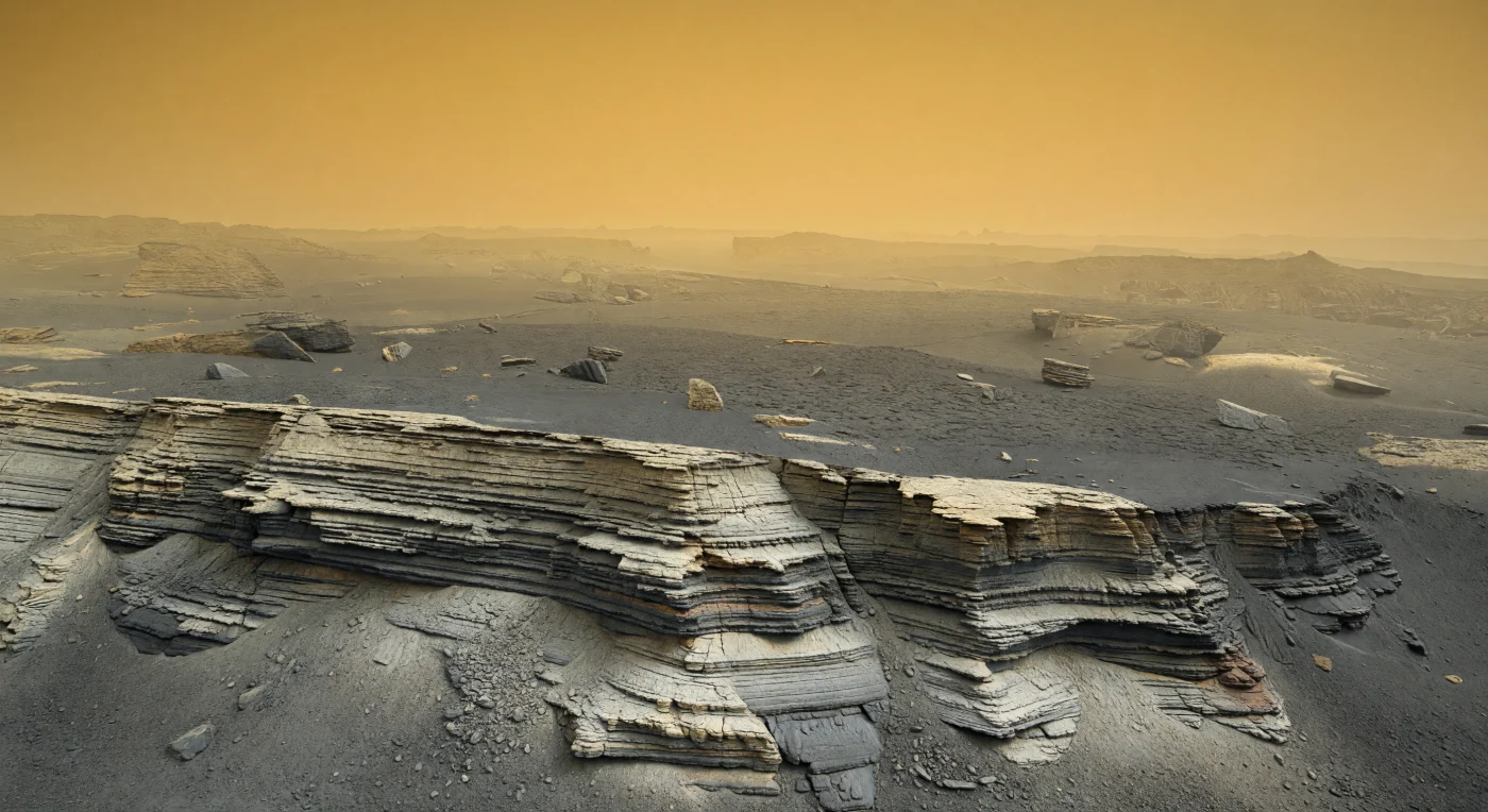 Devant vous se dresse un escarpement de faille usé, haut de plusieurs dizaines de mètres, dont la paroi en gradins révèle une archive géologique saisissante : des couches claires de dépôts volcaniques stratifiés alternent avec des unités basaltiques plus sombres, sculptées par une érosion différentielle qui laisse corniches, niches et talus d’éboulis au pied de la falaise. Autour, les plaines volcaniques gris foncé, à la surface bosselée de laves anciennes partiellement consolidées, s’étendent jusqu’à se dissoudre dans une brume épaisse après seulement quelques kilomètres, tandis que des blocs épars et de fines plages de matériaux plus clairs témoignent du remaniement de surface. La lumière, filtrée par une atmosphère dense de dioxyde de carbone chargée d’aérosols d’acide sulfurique, baigne tout d’une lueur jaune ambrée presque sans ombres, réchauffant les gris de tons ocre et brun rouille et écrasant la perspective. Debout ici, on a l’impression de contempler à la fois une cicatrice tectonique et un livre ouvert sur l’histoire de la croûte, où volcanisme, fracturation et altération chimique ont inscrit leur trace sous des conditions parmi les plus extrêmes du Système solaire.