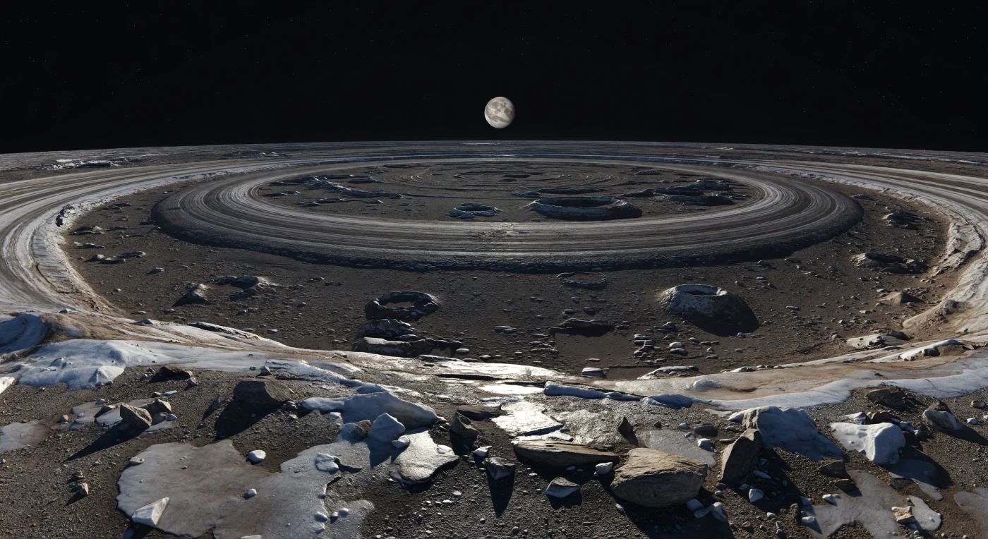 Depuis une basse crête des anneaux externes de Valhalla, le sol de régolithe glacé se présente comme une mosaïque de poussière brun gris, de blocs silicatés anguleux, de brèches d’impact et d’éclats de glace d’eau ternie, tandis que des rides concentriques cendre pâle et de sombres fossés balayent l’horizon en arcs immenses. Cet édifice multi-annulaire est la cicatrice d’un impact colossal dans une croûte mêlant roche et glace, puis longuement remodelée non par volcanisme ou atmosphère — absents ici — mais par des milliards d’années de bombardement qui ont adouci les cratères, émoussé les reliefs et semé partout des débris riches en poussières sombres carbonées. Sous un ciel noir absolu, le Soleil minuscule rase l’horizon et projette des ombres nettes de plusieurs kilomètres, sans aucune brume pour en adoucir les contours, si bien que chaque pierre au premier plan et chaque crête lointaine paraît d’une précision irréelle. Suspendue énorme et bandée de tons crème et bruns, la géante voisine domine la scène, accentuant le silence gelé, l’ancienneté presque intacte et l’échelle planétaire de ce désert sans air.