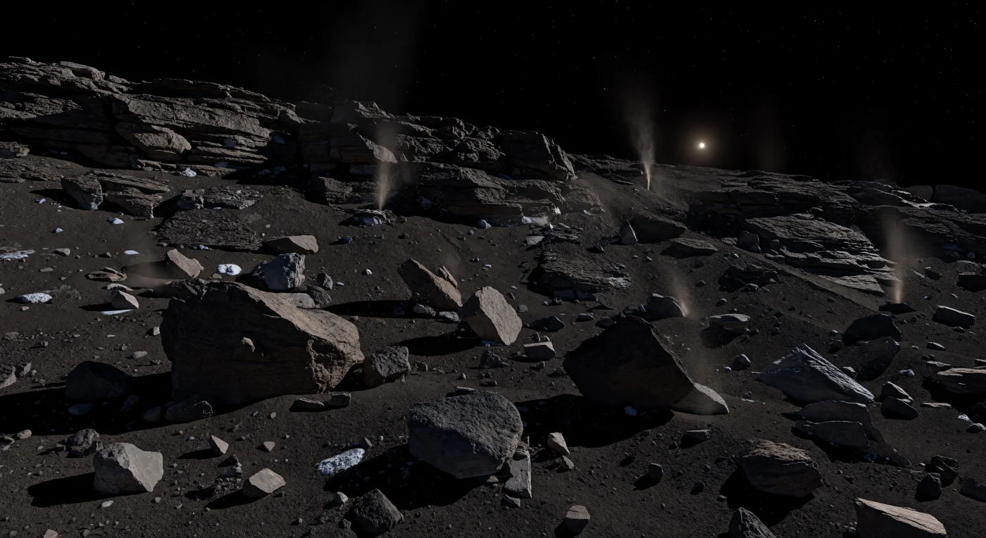 À vos pieds s’étend une pente d’éboulis d’une noirceur presque absolue, semée d’éclats anguleux, de galets sombres et de blocs gigantesques qui semblent tenir en équilibre sur quelques points de contact seulement, comme posés avec précaution dans une gravité à peine sensible. Au-dessus, un escarpement fracturé se retire lentement sous l’effet de la sublimation des glaces enfouies et des effondrements qu’elle provoque, révélant des couches friables de poussières consolidées, riches en matières organiques, où quelques rares taches de glace d’eau sale brillent d’un blanc bleuté dans les fissures abritées. La lumière du Soleil, dure et sans diffusion dans le vide, découpe sous chaque roche des ombres noires d’une netteté parfaite, tandis que de fins jets de gaz et de poussière jaillissent discrètement des fractures, traçant de fragiles panaches qui se perdent aussitôt dans le ciel entièrement noir. L’horizon, tout proche et déjà courbé, rappelle la petitesse de ce monde, où chaque paroi, chaque poussière en suspension et chaque bloc perché donne l’impression de se tenir sur la peau active, poreuse et extraordinairement fragile d’un corps glacé en train de s’éroder.