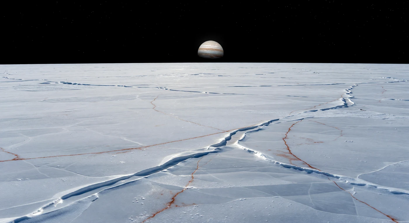 À hauteur d’homme, une plaine équatoriale immense de glace d’eau bleu-blanc, presque parfaitement lisse, s’étire jusqu’à un horizon doucement courbé sous un ciel noir absolu, où la lumière froide d’un petit Soleil trace des ombres courtes et tranchantes sans la moindre brume pour adoucir le lointain. Le sol, dur et vitreux, révèle des plaques de glace, de fines fissures polygonales, de minuscules cuvettes de sublimation et de bas reliefs en doubles crêtes sinueuses, tandis que de longues lineae brun rougeâtre coupent la surface comme des cicatrices chargées de sels hydratés et de matériaux non glacés altérés par le rayonnement. À grande échelle, le paysage reste remarquablement plat, presque sans montagnes ni coulées, ce qui trahit une croûte glacée travaillée surtout par les contraintes tectoniques et les flexions de marée, au-dessus d’un océan salé enfoui. Dans cette lumière dure qui fait étinceler chaque facette de glace, l’étendue paraît silencieuse, gelée et gigantesque, comme si l’on se tenait sur la peau fragile d’un monde fissuré.