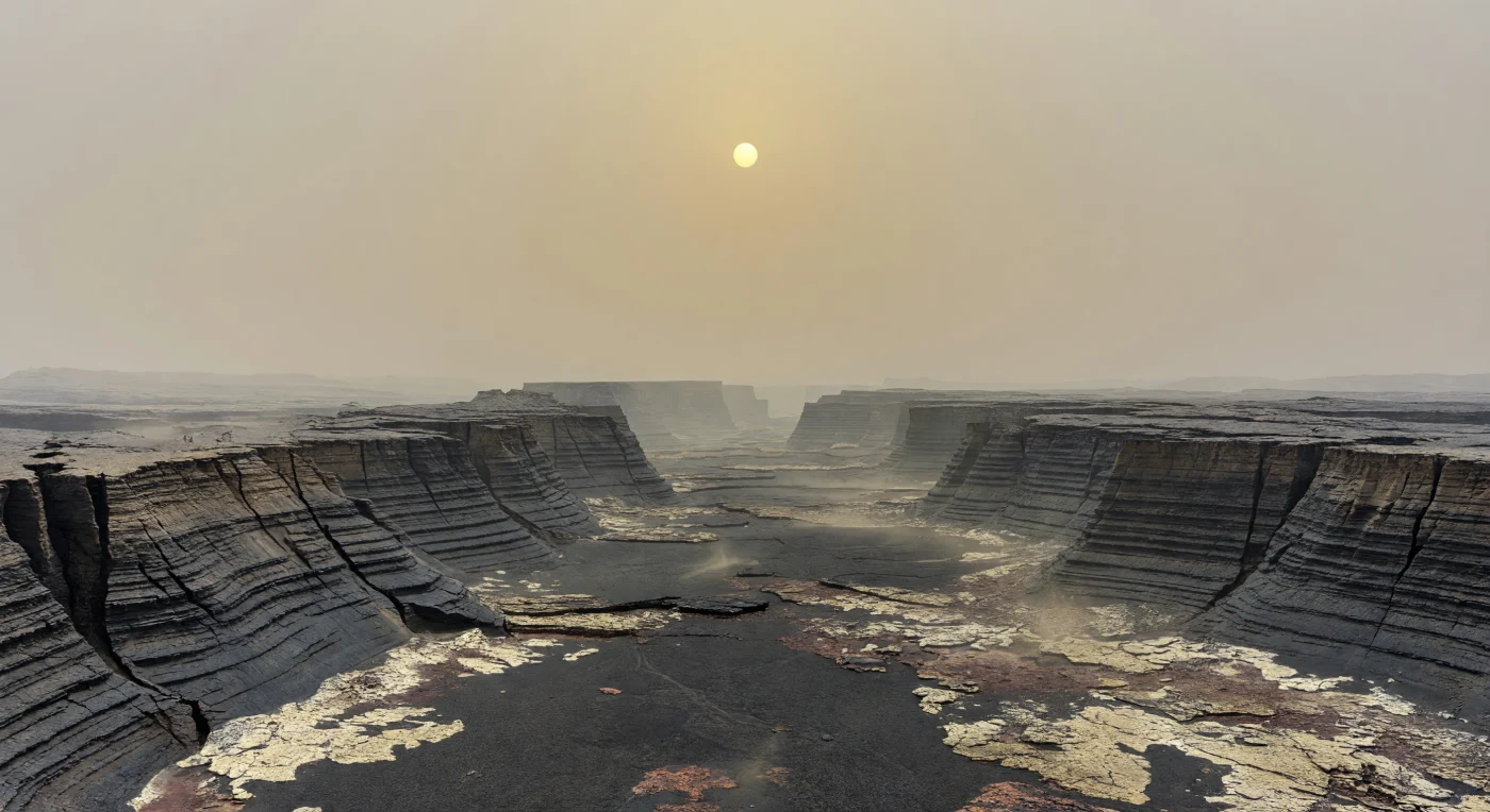 Devant vous s’ouvre une immense dépression linéaire, un graben tectonique de plusieurs kilomètres de large, encaissé entre deux escarpements de faille presque verticaux qui s’élèvent de 600 à 900 mètres dans une lumière laiteuse et sans ombres nettes. Les parois sombres, gris anthracite, exposent des couches basaltiques superposées, témoins d’épisodes successifs d’épanchements de lave puis d’extension de la lithosphère, tandis que le fond plus plat mêle plaines lisses, zones rocheuses plus rugueuses, teintes brun rouge d’oxydes de fer et pâles dépôts sulfurés. Ici, l’érosion mécanique est presque absente : sous une atmosphère écrasante d’environ 92 bars et une chaleur proche de 460 °C, les roches se fracturent, s’affaissent et s’altèrent surtout par des processus chimiques, alors que de fines particules soulevées par les vents dérivent lentement dans l’air dense. Le ciel jaune gris uniforme engloutit l’horizon à quelques kilomètres seulement, et cette brume épaisse donne à la scène une sensation oppressante, comme si l’on se tenait au cœur d’une cicatrice géante ouverte dans une croûte volcanique encore marquée par la violence tectonique.