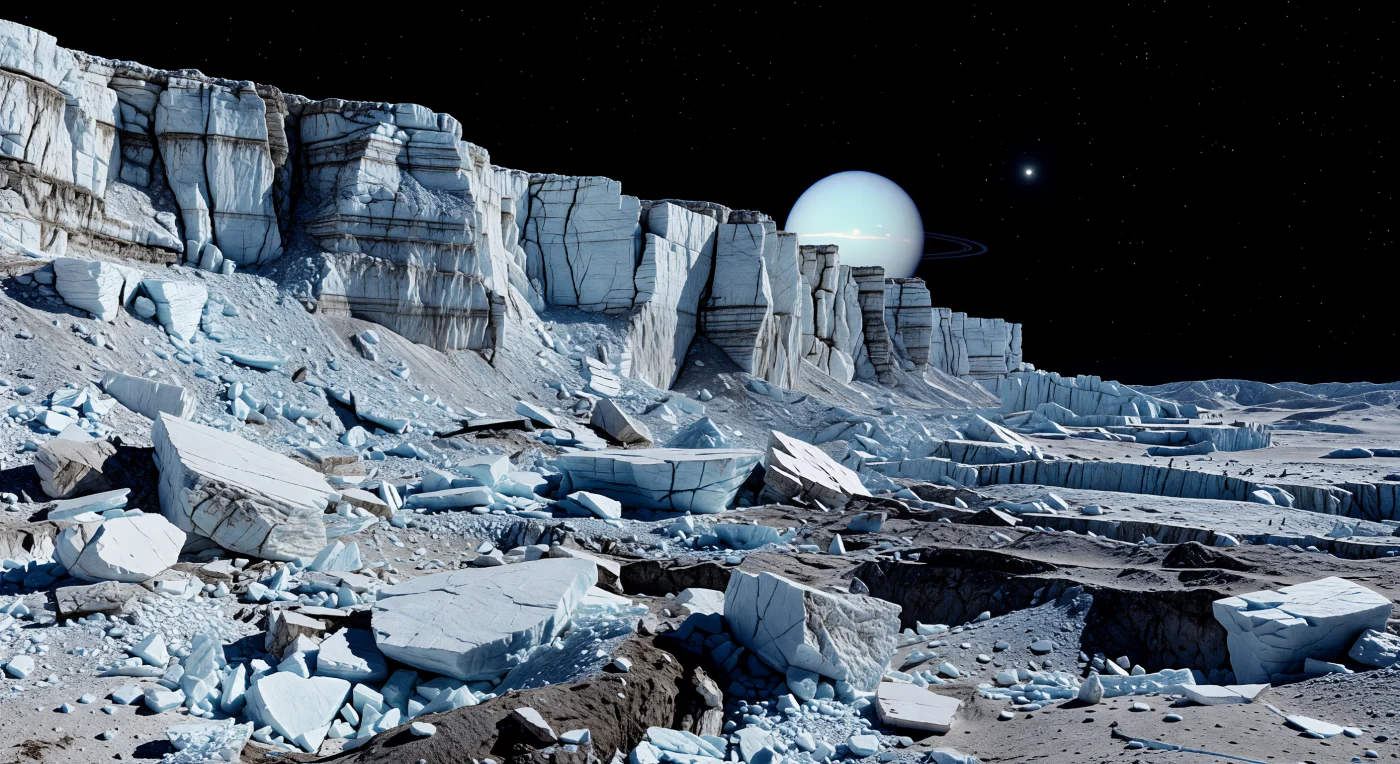 Au pied de l’escarpement colossal, le paysage ressemble à une mer figée d’éboulis: d’immenses blocs anguleux riches en glace d’eau, brisés comme du verre minéral, reposent dans une régolithe gris givre où s’ouvrent des crevasses noires d’encre. Au-dessus, les parois fracturées de Verona Rupes s’élèvent démesurément dans le vide, leurs corniches éclatantes et leurs plans de faille révélant une histoire de tectonique extensive, d’effondrements successifs et de lente désagrégation gravitaire dans une pesanteur infime, inférieure à 1 % de celle de la Terre. Ici, l’absence totale d’atmosphère laisse chaque arête d’une netteté implacable: la lumière solaire, faible mais dure, fait scintiller la glace blanche à bleutée tandis que les impuretés non glacées teintent certains débris de gris brun, et que les ombres plongent presque au noir absolu. Dans ce silence sans air, sous le disque bleu-vert immense suspendu dans un ciel parfaitement noir, la taille des blocs — de la maison à l’immeuble — donne à la falaise une échelle presque irréelle, comme si la croûte gelée du monde s’était rompue puis figée à jamais.