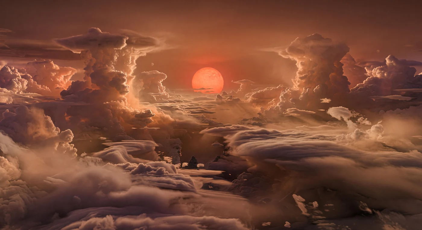 Devant vous, aucun sol n’apparaît : seulement une immensité de nuages denses où d’énormes tours convectives, boursouflées comme des choux-fleurs géants, s’élèvent d’une plaine de vapeur lisse et sombre comme des chaînes de montagnes entièrement faites d’atmosphère. Le disque rouge-orangé de l’étoile, énorme et bas sur l’horizon brumeux, baigne leurs flancs exposés d’une lumière pêche, crème et cuivre, tandis que les creux s’enfoncent dans des gris prune et des violets fumés noyés d’une brume ambrée. Ces formes titanesques trahissent une circulation verticale extrême dans une enveloppe chaude, riche en vapeur surchauffée, en aérosols photochimiques et en condensats à forte métallicité, sans aucune surface solide visible — peut-être bien au-dessus d’une profonde couche d’eau supercritique cachée sous la masse gazeuse. Ici, les « vallées », les « falaises » et les « sommets » ne sont que du nuage sculpté par la pression, la chaleur et la convection, un paysage alien si vaste que même les remous les plus turbulents paraissent minuscules contre ces remparts atmosphériques hauts de dizaines à centaines de kilomètres.