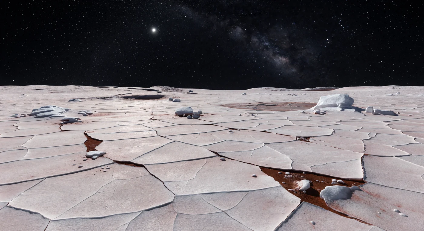À hauteur du sol, une croûte de givre durci s’étend en dalles polygonales de un à trois mètres, aux teintes crème, blanc froid et rose pâle, leurs bords légèrement relevés ciselés par de fines fissures de contraction. Entre elles, de minces rigoles rouge brun retiennent des poussières riches en tholins et autres résidus organiques irradiés, contraste saisissant avec l’éclat des glaces volatiles de méthane, d’éthane et probablement d’azote figées à près de 40 K. Plus loin, la mosaïque gelée se prolonge vers de faibles crêtes, des dépressions d’impact adoucies par le temps et quelques blocs anguleux de glace d’eau recouverts de givre, dans un paysage cryogénique presque inchangé depuis des milliards d’années. Sous un ciel parfaitement noir, saturé d’étoiles et barré par la Voie lactée, un Soleil minuscule ne projette qu’une lumière blanche et faible, assez dure pourtant pour creuser des ombres nettes dans chaque fente et donner à cette plaine silencieuse l’étrangeté immobile d’un monde sans air.