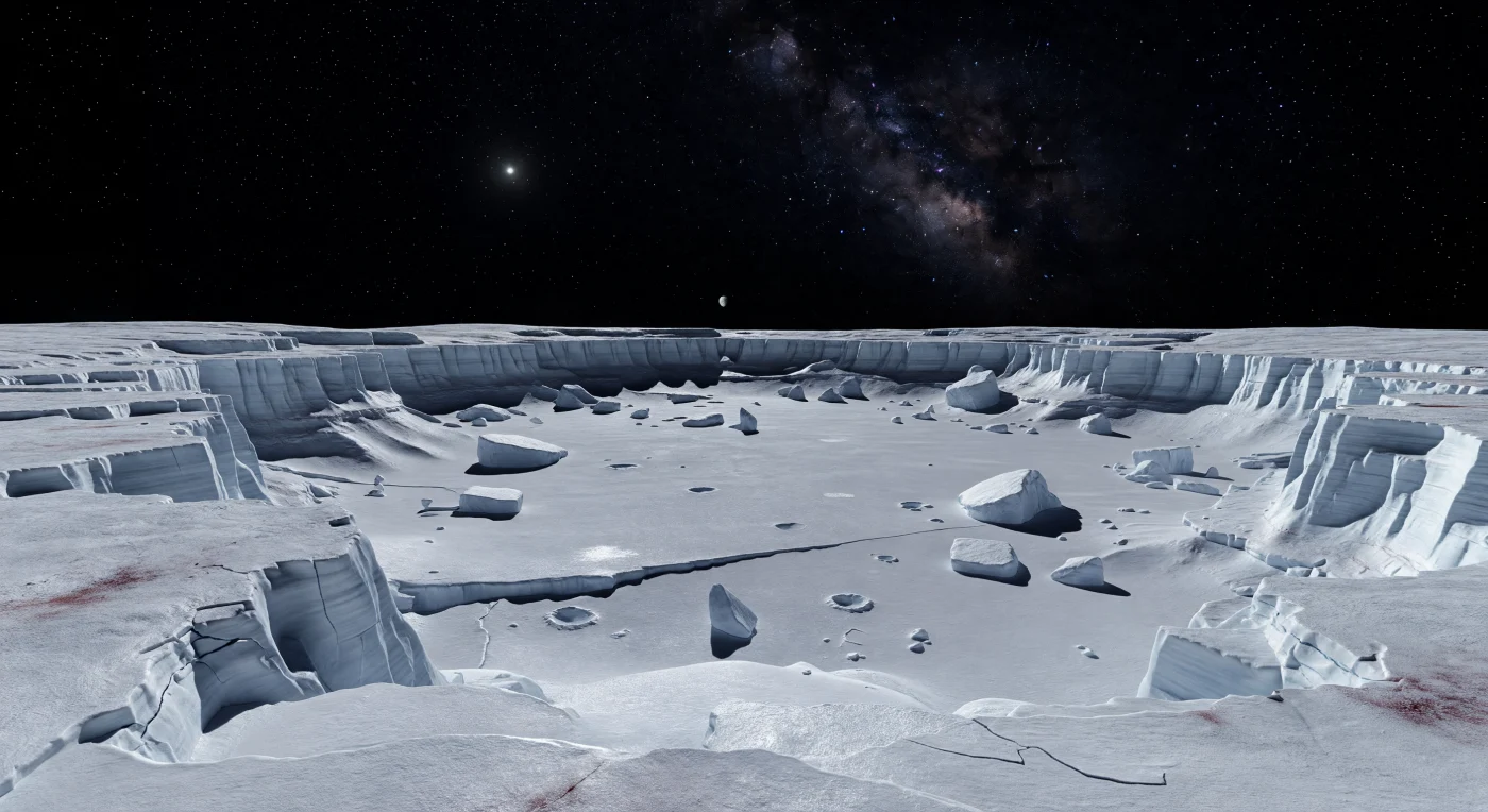 Depuis le rebord en gradins d’un immense bassin d’impact, des falaises de glaces stratifiées — givre d’azote d’un blanc éclatant, glaces riches en méthane aux reflets bleu pâle, et fines poussières brun rouge de tholins piégées dans les fissures — plongent vers une vaste plaine argentée, lisse comme du métal sous un éclat glacial. Le froid extrême et la gravité faible ont permis de préserver des blocs anguleux, des crevasses nettes et de petits cratères secondaires avec une précision presque irréelle, tandis que les parois restent hautes et tranchantes, sans érosion atmosphérique pour en adoucir les contours. Au-dessus de l’horizon noir, subtilement courbé par la petite taille du monde, Dysnomie se devine comme un minuscule point pâle, suspendu dans un ciel saturé d’étoiles où la Voie lactée brille sans voile, l’absence d’atmosphère laissant chaque lumière intacte. Le Soleil lui-même n’est plus qu’un astre d’une blancheur intense, trop lointain pour réchauffer ce désert figé, mais suffisant pour projeter des ombres acérées et faire scintiller de faibles reflets d’argent sur le fond du bassin silencieux.