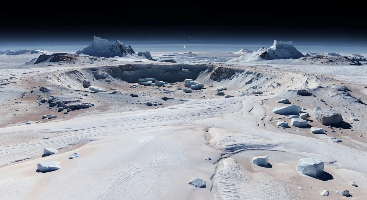 Devant vous, une vaste langue de glace volatile s’écoule lentement des plaines brillantes vers un ancien cratère, comme un fleuve figé de glace d’azote teintée de méthane et de monoxyde de carbone, dont la surface crème à bleu pâle est marquée de bandes d’écoulement, de rides de compression et de motifs polygonaux sculptés par la sublimation. Des blocs anguleux de glace d’eau, sombres et durs comme de la roche, parfois aussi grands que des maisons, sont prisonniers de cette masse plus tendre et soulignent son mouvement glaciaire à l’échelle de millénaires, tandis que les pentes adoucies du cratère et ses affleurements de glace d’eau révèlent un terrain ancien remanié par le froid extrême. Au loin, des montagnes abruptes de glace d’eau dominent l’horizon, leurs reliefs exagérés par la faible gravité et ciselés non par le vent ou la pluie, mais par la tectonique des glaces et l’érosion lente des glaces volatiles. Au-dessus, le ciel est presque noir, seulement bordé près de l’horizon par de fines brumes bleutées en couches, et le minuscule Soleil, très bas, projette une lumière froide et rasante qui étire les ombres et fait ressortir chaque ondulation de cette mer gelée silencieuse.
