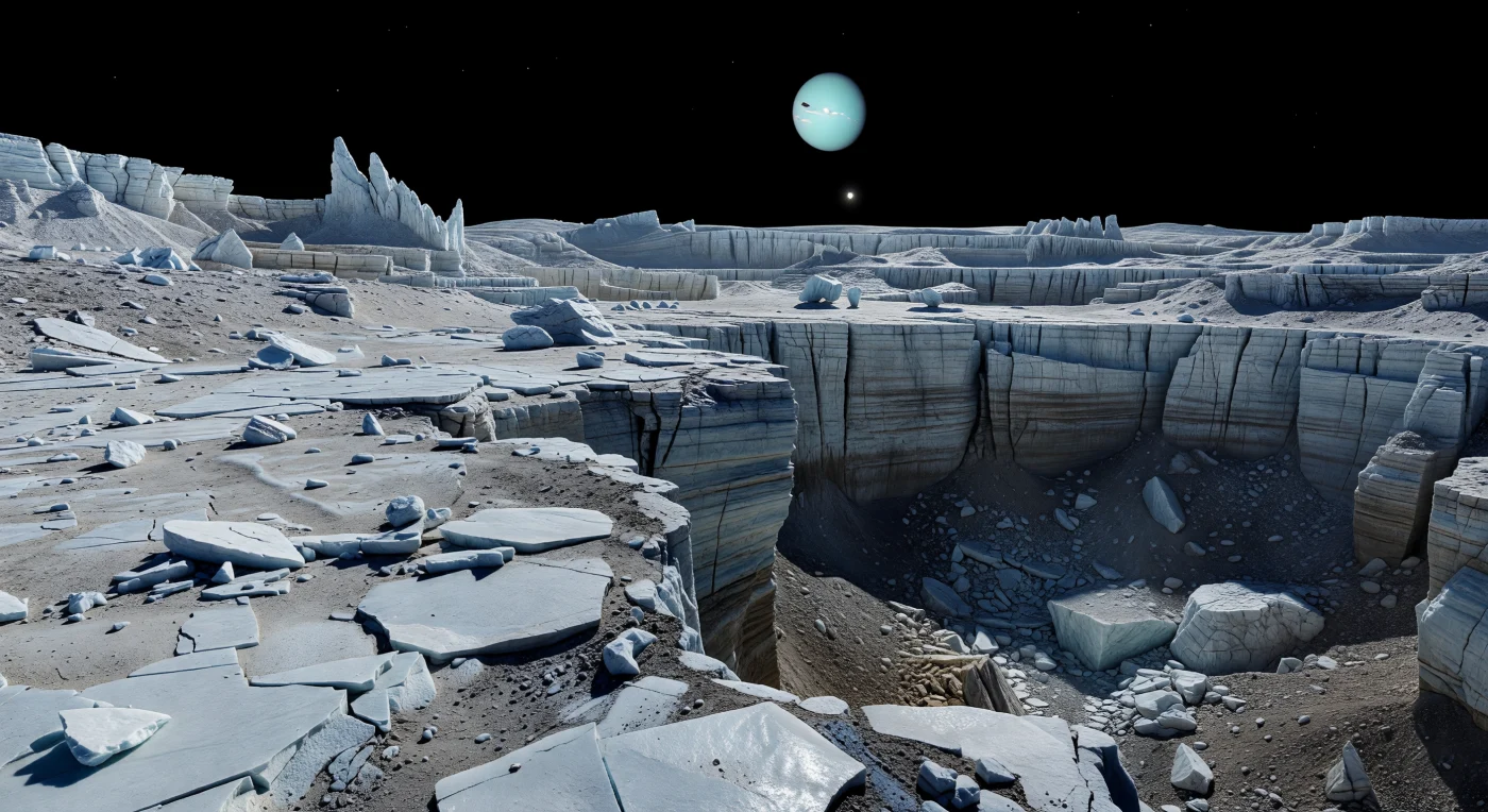 Depuis le rebord de Verona Rupes, le sol de glace d’eau, pâle et fracturé en dalles tranchantes, s’interrompt soudain au-dessus d’un escarpement gigantesque qui plonge presque à la verticale dans un gouffre noir, où l’on distingue tout au fond des éboulis, des cônes de débris et d’énormes blocs effondrés. La surface, saupoudrée de givre et veinée de poussières sombres piégées dans les fissures, révèle une croûte glacée brutalement disloquée par une tectonique extrême : failles d’extension, terrasses basculées, rides et sillons témoignent d’un monde minuscule mais déformé à une échelle spectaculaire. Sous un ciel parfaitement noir, sans air pour adoucir la lumière, le Soleil n’est qu’un point éclatant qui projette des ombres nettes comme des lames sur la glace bleu-blanc, tandis que la courbure de l’horizon trahit la petitesse de l’astre. Suspendu dans ce vide, l’immense disque cyan pâle de la planète dominante renforce l’impression vertigineuse d’être au bord d’une falaise impossible, dans un désert gelé où la faible gravité n’atténue en rien la grandeur du paysage.