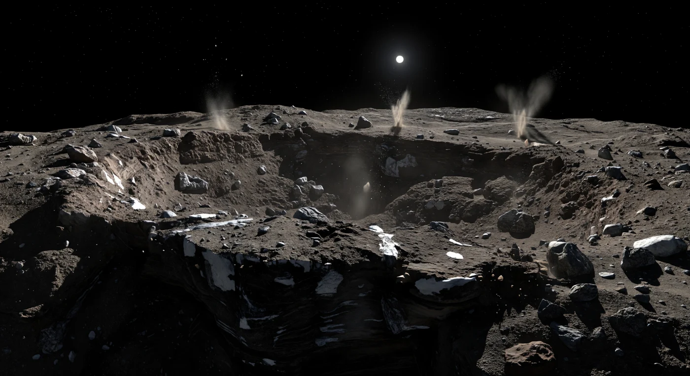 Au ras du sol, un surplomb fragile de plusieurs mètres en croûte noir brun, sombre comme du charbon avec un albédo d’à peine 4 %, s’avance de façon presque impossible au-dessus d’un gouffre entièrement noyé dans l’ombre, tandis que son bord déchiqueté, violemment éclairé, révèle une matière friable faite de poussières riches en composés organiques, de blocs anguleux, de gravats glacés poreux et de fines strates croulantes. Ici, l’absence d’atmosphère rend la lumière du Soleil implacable : les ombres sont nettes comme des lames, le ciel reste noir en plein jour, et quelques plages de glace sale brillent sur des cassures fraîchement mises à nu sous la croûte sombre. Plus loin, au-delà de talus instables et de blocs dispersés, de minces jets de gaz et de poussière s’échappent de fractures actives, signe que les glaces enfouies se subliment dans le vide et arrachent lentement la surface à ce noyau minuscule, très peu dense et à la gravité si faible que des grains de poussière semblent flotter près du rebord. La courbure rapide de l’horizon, qui tombe presque aussitôt derrière un chaos de falaises, de cuvettes effondrées et de reliefs bosselés, donne l’étrange sensation de se tenir sur un monde de décombres et de glace à peine lié à lui-même, suspendu dans le noir absolu de l’espace.