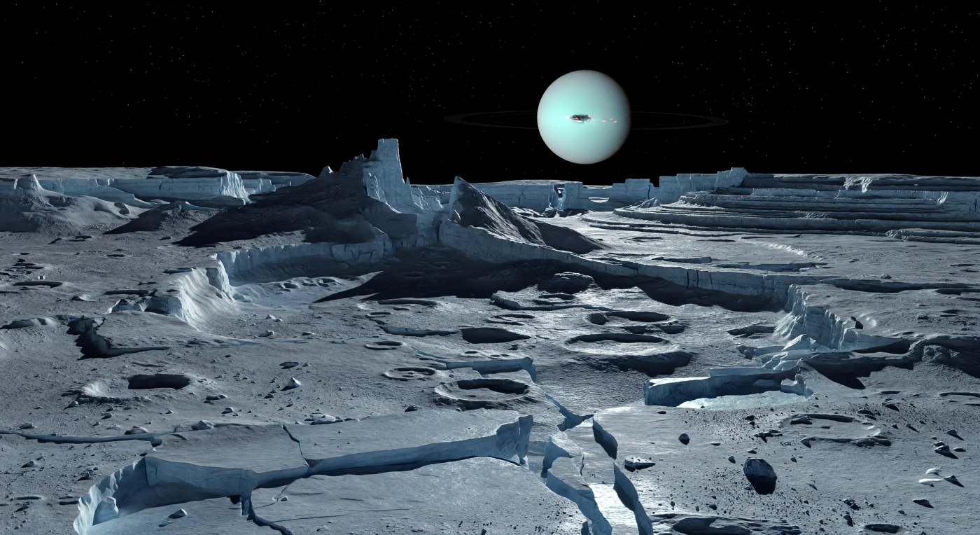 Sous l’immense disque cyan pâle suspendu dans un ciel noir absolu, le sol gelé se déploie en une mosaïque de glace d’eau fracturée, de givre épars et de débris d’impact gris charbon, où chaque arête capte une lueur froide tandis que les ombres tombent en aplats d’encre. À hauteur d’homme, on distingue des plaines saturées de cratères aux rebords nets, des couvertures d’éjectas bosselées, de minces grabens, des creux tectoniques et des escarpements qui surgissent avec une raideur presque impossible, rendue pourtant plausible par une gravité infime incapable d’adoucir rapidement le relief. Plus loin, des falaises de glace exceptionnellement abruptes et des terrains rubanés en anneaux et sillons concentriques témoignent d’une croûte ancienne profondément disloquée par l’extension, le soulèvement et un resurfaçage interne ancien, plutôt que par des processus atmosphériques ou liquides totalement absents ici. Dans cette lumière réfléchie, où les étoiles restent d’une netteté implacable faute d’air pour les brouiller, le paysage paraît à la fois minuscule à l’échelle du Système solaire et vertigineux sous vos pieds, comme si vous marchiez sur les ruines glacées d’un monde brisé puis figé pour l’éternité.