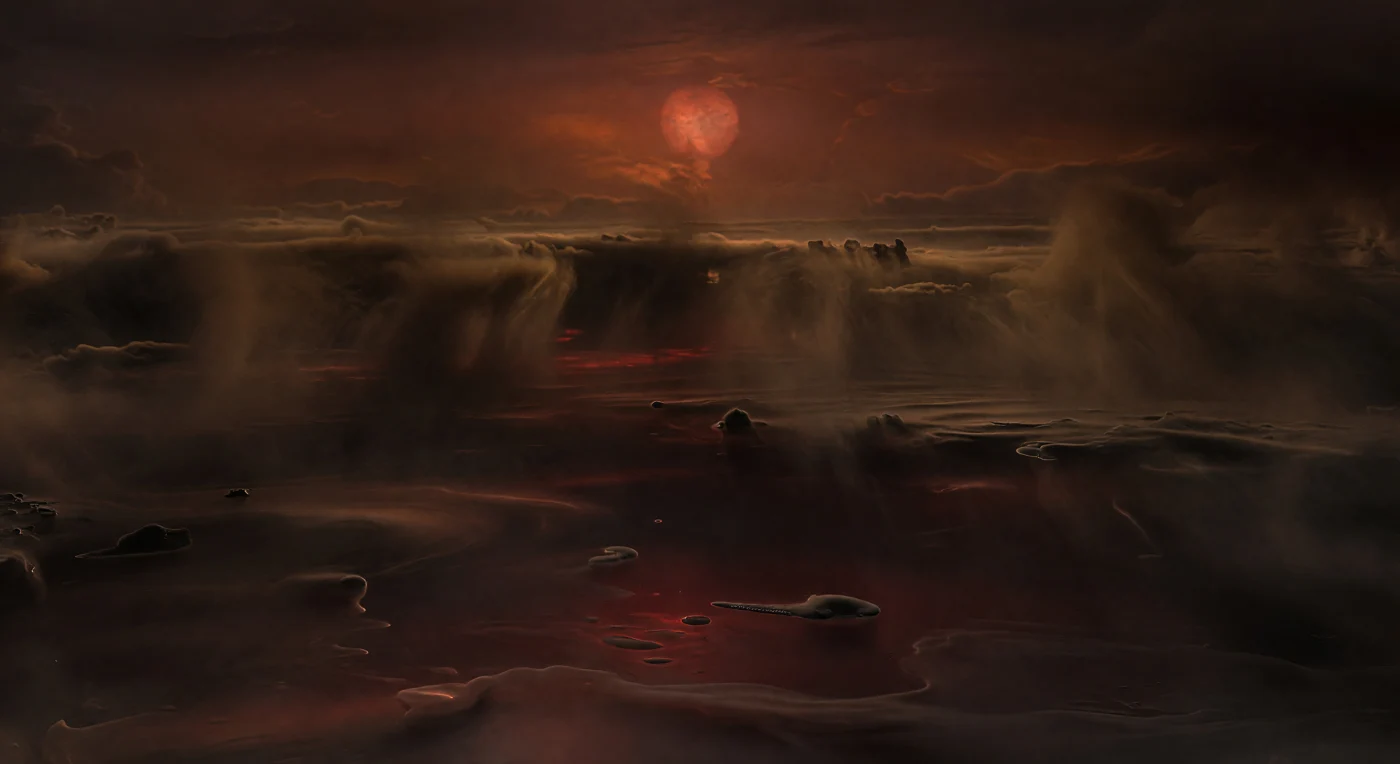 Autour de vous, il n’y a ni sol, ni mer au sens habituel, seulement une immensité sans horizon où une brume comprimée noir bronze se fond progressivement en fluide dense, comme si l’atmosphère elle-même devenait océan. Des voiles d’aérosols couleur suie, ombre brûlée et rouge ferrugineux s’empilent en bandes floues, traversés par de lents panaches visqueux, des poches plus sombres et des cellules de convection à peine discernables, tandis que de faibles reflets cuivrés glissent sur cette matière supercritique dépourvue de vagues. Au-dessus, la lumière arrive d’un plafond rouge sombre étouffé par des brumes métalliques et des condensats épais, où l’étoile n’apparaît plus que comme un large disque rouge-orangé brouillé, diffusant une lueur faible et sans ombres nettes. Cette scène correspond à un monde sous-neptunien riche en volatils, enveloppé d’une atmosphère à forte métallicité et de brumes opaques, où, sous des pressions et des températures extrêmes, l’eau pourrait franchir la transition supercritique et abolir toute frontière nette entre vapeur et liquide dans un abîme planétaire écrasant.