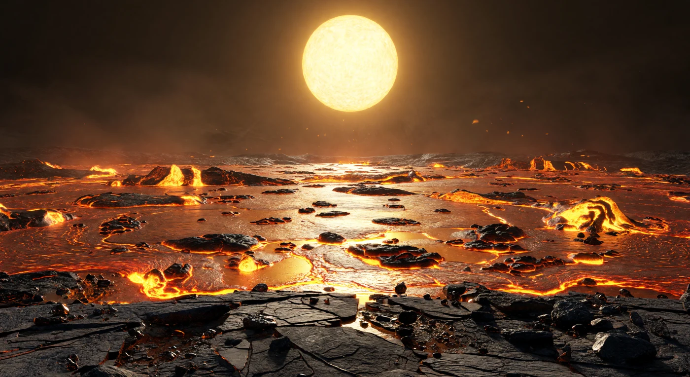 Au bord d’une grève déchiquetée de basalte noir et de roches ultramafiques, écrasée par une gravité d’environ 2,4 fois celle de la Terre, le sol se brise en dalles aiguës, en bourrelets de pression et en éclats vitreux semblables à de l’obsidienne. Devant vous s’étend une mer de silicates fondus sans fin, blanche et jaune au plus chaud puis virant à l’or, à l’orange et à la braise, sa surface parcourue de lentes houles de convection et morcelée par des radeaux de croûte noire polygonale, séparés par des fissures incandescentes où remonte la roche en fusion. Dans le ciel bronze sombre, chargé d’une mince atmosphère toxique de vapeurs minérales et de condensats rocheux, un astre blanc-or gigantesque demeure presque immobile près du zénith, inondant le paysage d’une lumière brutale que redouble le reflet ardent de l’océan magmatique. Ce décor figé sur la face perpétuellement diurne d’un monde verrouillé par les marées traduit une réalité géologique extrême : à ces températures, la roche elle-même fond, se resolidifie en plaques flottantes et alimente un cycle continu de volcanisme, de dégazage et de remodelage de la surface à l’échelle planétaire.