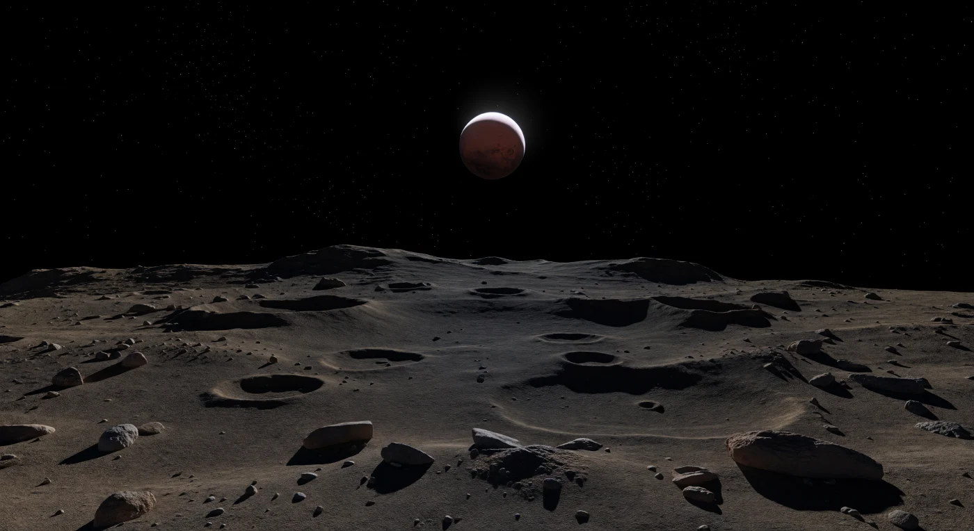 Sous vos pieds s’étend une plaine ouverte de régolithe sombre, un manteau de poussière extrêmement fine aux tons charbon, brun gris et ocre éteint, qui adoucit les petits cratères, noie presque leurs éjectas et arrondit les modestes bosses d’un relief façonné surtout par les impacts. La lumière blanche et dure du Soleil, déjà plus petite qu’au ciel terrestre, s’éteint rapidement à mesure que l’astre entre dans l’ombre de la planète voisine : les ombres noires s’allongent d’abord sur les blocs poreux et rougeâtres, puis se dissolvent presque entièrement, laissant seulement une faible lueur réfléchie, cuivrée, venue du grand disque martien suspendu tout près. Dans ce vide sans air, sans brume ni nuages, le ciel reste d’un noir absolu et les étoiles surgissent avec une netteté croissante, tandis que l’horizon, tout proche et sensiblement courbe, rappelle la petitesse extrême de ce monde irrégulier à la gravité infime. On a l’impression de se tenir sur un fragment primitif et carbonacé, entre poussière ancestrale et roche d’allure astéroïdale, alors que l’éclipse transforme en quelques instants ce paysage silencieux en une nuit extraterrestre presque totale.