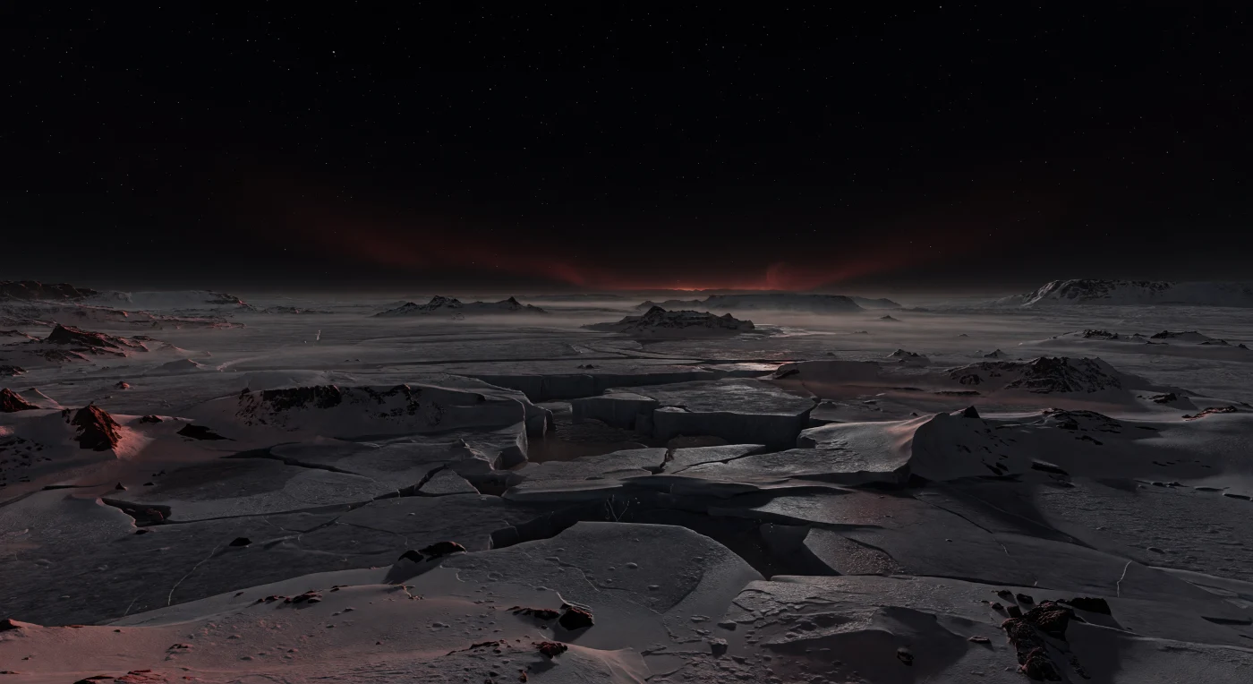 Sous vos pieds s’étend une calotte glaciaire continentale d’une immensité écrasante, un désert de glace bleu-noir fendu de longues crevasses, boursouflé de crêtes de pression et ponctué de nunataks basaltiques qui émergent comme des îles noires au-dessus du gel. Dans cette nuit perpétuelle, la lumière ne vient presque de nulle part : quelques étoiles nettes percent un ciel d’encre, tandis qu’à l’extrême horizon une lueur rouge orangée très faible marque la zone du terminateur, parfois rejointe par de discrets voiles auroraux cramoisis qui se reflètent sur les croûtes glacées polies et dans une mince brume de glace. Le paysage suggère un monde rocheux verrouillé gravitationnellement, où une atmosphère ténue — si elle subsiste — laisse le froid dominer, favorise la sublimation du givre et conserve au sol des plaines gelées sombres mêlées de poussières et de glace d’eau fracturée. Tout paraît figé à l’échelle planétaire, silencieux, minéral et presque irréel, comme si l’on se tenait au bord d’un monde où la lumière a cessé de régner.