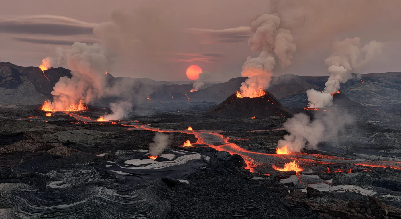 Voor je strekt zich een immens vulkanisch landschap uit van vers gestolde, pikzwarte basaltlava, waar touwachtige pahoehoe, scherpe ʻaʻā-blokken en opgestuwde ruggen zwaar onder de hoge zwaartekracht lijken neer te drukken op de korst. Een kilometerslange, vertakte slenk scheurt de vlakte open; diep in de barsten pulseert oranje-rood gesmolten basalt, met hier en daar lage lavafonteinen en gloeiende lavapoelen die het donkere gesteente van binnenuit lijken te verlichten. In de dichte, vermoedelijk stikstofrijke atmosfeer stijgen stoom- en asrijke eruptiepluimen op in dikke kolommen, terwijl zwevende aerosolen het licht verstrooien tot een zachte, roodgetinte schemer onder een stoffige lavendelgrijze hemel. Aan de verre horizon tekenen riftwanden en schildvormige vulkanische hooglanden zich vaag af, en onder de wazige rood-oranje schijf van de ster voelt de schaal van deze basaltische breukzone kolossaal, heet en vol geologische energie.