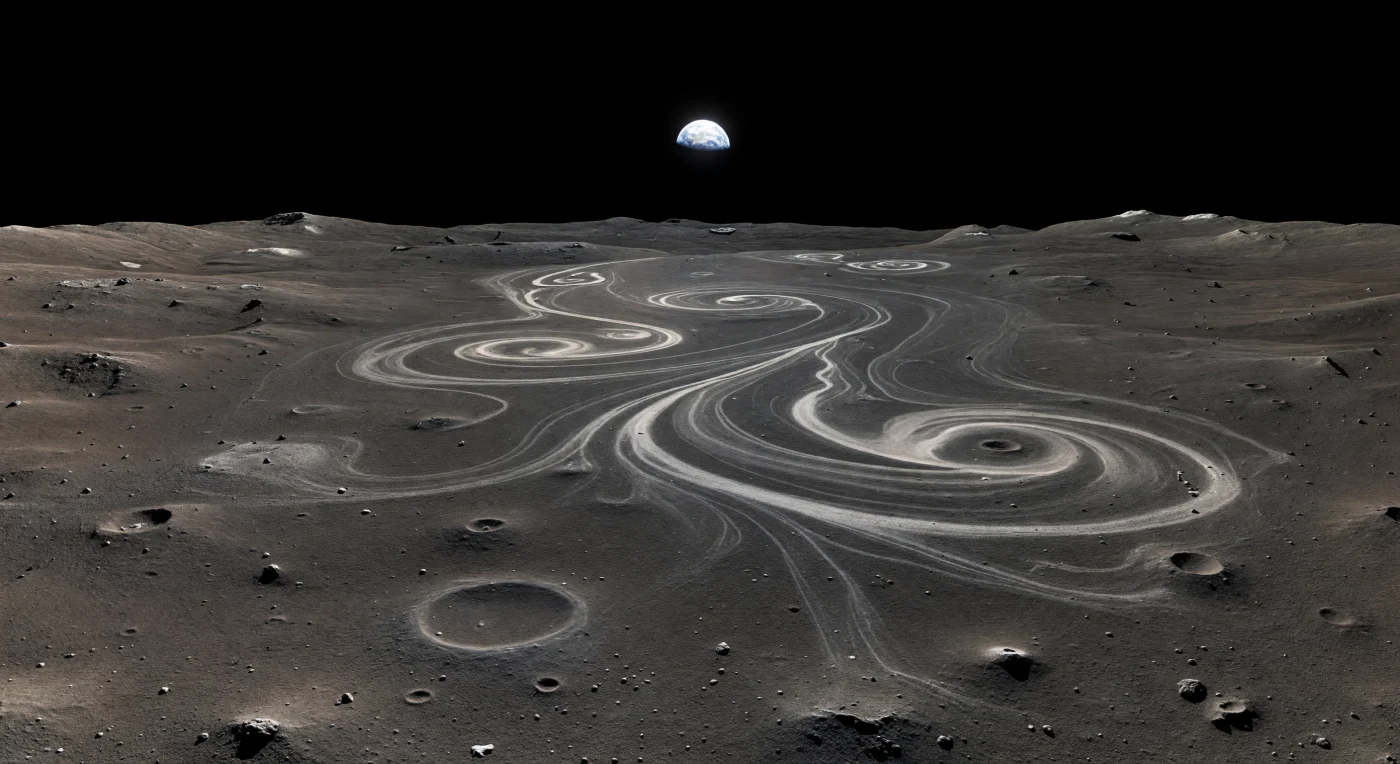 Sous un ciel parfaitement noir, la plaine basaltique presque plane s’étend à perte de vue en une poussière gris charbon, ponctuée d’éclats anguleux, de minuscules billes vitrifiées d’impact et de petits cratères aux bords nets, où la lumière solaire découpe des ombres d’une dureté absolue. À même ce régolithe sombre, sans la moindre crête ni relief associé, des rubans brillants dessinent de vastes boucles sinueuses, des virgules et des traînées pâles : ces marquages à fort albédo sont des dépôts de poussière plus claire et moins altérée, probablement préservés par des anomalies magnétiques locales qui dévient en partie le vent solaire et ralentissent la maturation optique du sol. Le contraste entre les basaltes anciens de la mer, noircis par l’exposition continue aux micrométéorites et au rayonnement, et ces arabesques lumineuses donne au paysage l’aspect d’une calligraphie géante tracée sur une surface immobile depuis des milliards d’années. À l’horizon, à peine ondulé par de faibles bosses et de lointains rebords de cratères, l’immense étendue fait sentir l’échelle du monde lunaire, silencieux, sec et sans air, où chaque détail semble figé dans une clarté presque irréelle.