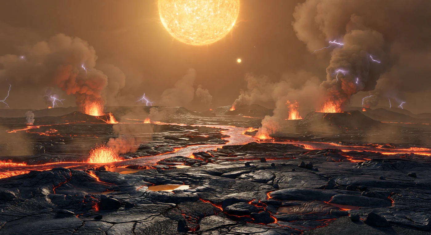 Devant vous s’étend une plaine de rift basaltique couleur acier noir, écrasée par une gravité d’environ 2,4 fois celle de la Terre, où des dalles mafiques et ultramafiques fracturées, des crêtes de pression et des champs de scories vitrifiées donnent au sol une lourdeur presque palpable. De longues fissures tectono-volcaniques filent jusqu’à l’horizon et projettent des rideaux continus de lave silicatée blanc-orangé, tandis que des rivières incandescentes, larges de plusieurs dizaines de mètres, s’épanchent en nappes tressées autour de blocs grands comme des maisons, de bourrelets de projections et de radeaux déjà croûtés, traversés de lueurs rouge sombre. Au-dessus, une atmosphère secondaire brûlante, chargée de vapeur de roche, d’aérosols métalliques et de condensats silicatés, épaissit le ciel en teintes d’ambre gris et de bronze fumé; des panaches minéraux s’y gonflent en nuages de cendres électrisés, où claquent de brefs éclairs violet-blanc. La lumière de l’étoile, énorme et implacable, traverse cette brume minérale en une clarté métallique infernale, adoucissant à peine les ombres et donnant à ce paysage de grabens effondrés et de bas reliefs volcaniques l’allure d’une forge planétaire à l’échelle d’un monde entier.