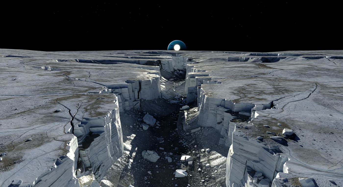 À l’aube locale, un graben rectiligne s’ouvre droit devant vous dans la croûte ancienne de glace d’eau, comme une entaille tectonique gigantesque dont une seule paroi presque verticale s’embrase d’un éclat argenté et or pâle sous le minuscule Soleil, tandis que l’autre mur et le fond du fossé restent noyés dans un noir absolu. Les escarpements de faille y révèlent une glace dure et fracturée, marquée de craquelures polygonales, de terrasses en gradins, de blocs effondrés et d’éboulis anguleux saupoudrés de givre, des formes préservées avec une netteté saisissante par l’absence totale d’atmosphère et par une gravité si faible que les falaises paraissent démesurément hautes et précaires. Autour du canyon, les plaines mêlent glaces blanc sale, gris acier et faibles bandes brun-gris de contaminants non glacés et de régolithe assombri par les micrométéorites, ponctuées de quelques petits cratères plus récents, tandis qu’au loin se découpent d’autres rides, scarps et terrains fracturés sur un horizon court et sensiblement courbe qui trahit la petitesse du monde. Dans le ciel parfaitement noir, sans brume ni lueur crépusculaire, quelques étoiles pâles subsistent loin de l’éblouissement, et l’énorme disque bleu-vert d’Uranus plane bas comme une présence muette, accentuant encore l’étrangeté froide et monumentale de ce paysage de glace brisée.