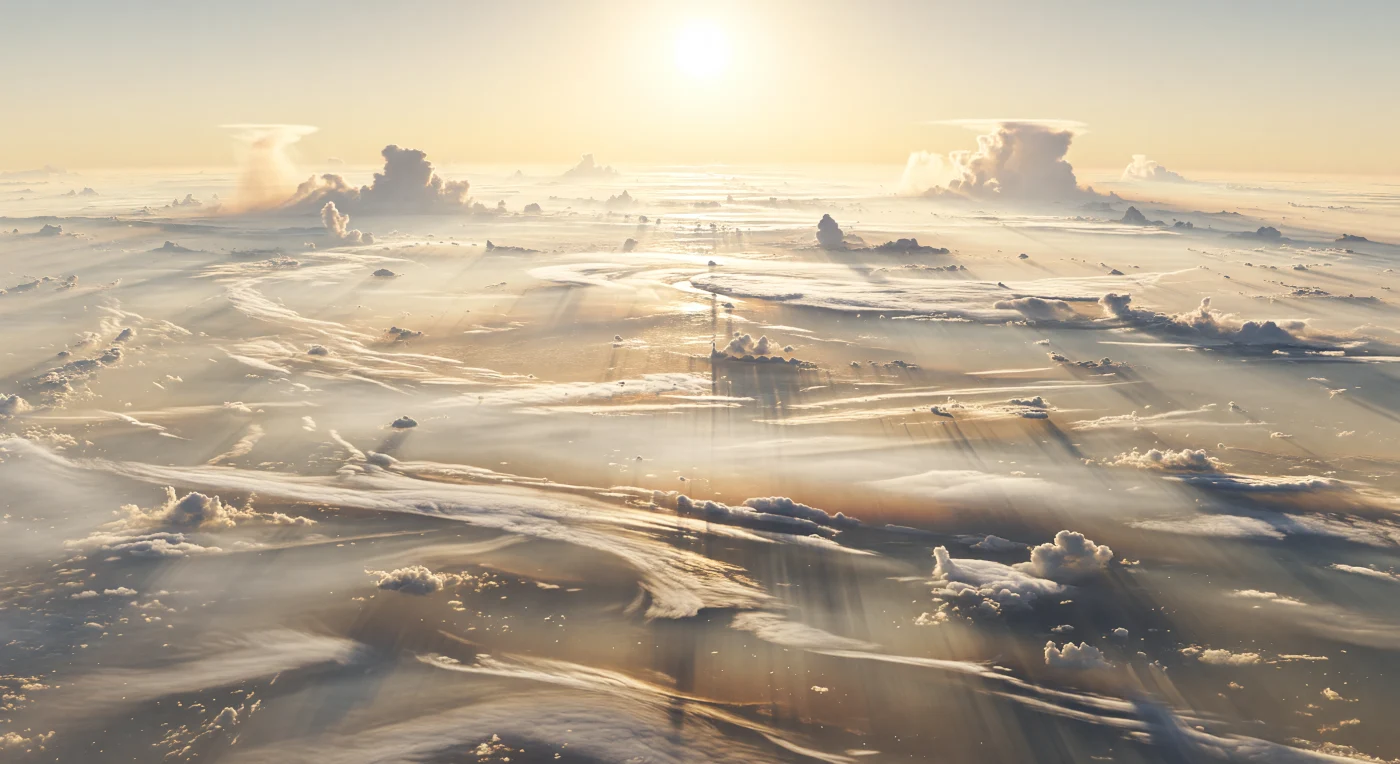 Depuis les hautes couches de l’atmosphère, le regard plonge sur une immensité sans sol où des rubans continentaux de brume stratifiée s’étirent à perte de vue, lisses comme des plaines de brouillard poli, teintés d’or champagne, d’ivoire et d’ambre pâle sous l’éclat blanc-jaune impitoyable de l’étoile toute proche. Ici, il n’existe ni roche ni océan : seulement une enveloppe gonflée d’hydrogène et d’hélium chargée d’aérosols métalliques et de condensats minéraux, où des jet-streams supersoniques sculptent des frontières festonnées, des billows de cisaillement, des couloirs de turbulence tressés et d’immenses enclumes nuageuses lumineuses. Par endroits, des creux sombres s’ouvrent sur des couches plus profondes de brume chaude, tandis que des amas denses dérivent comme des blocs suspendus et que, très loin, des murailles d’orage s’élèvent sur des centaines de kilomètres, pareilles à des chaînes de montagnes nées uniquement du vent et de la convection. La lumière, adoucie par la diffusion dans cette atmosphère surchauffée où le fer et les silicates peuvent se vaporiser puis se condenser ailleurs, fait scintiller chaque voile de particules, donnant à cette scène une grandeur irréelle de monde-géant entièrement fait de nuées, de chaleur et de métal en suspension.
