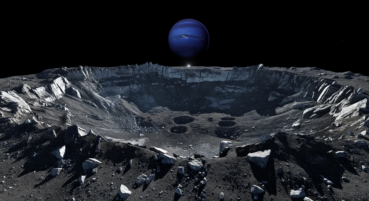 Depuis cette crête déchiquetée, le rebord brisé du bassin plonge en gradins d’effondrement vers une immensité sombre, jonchée de brèches anguleuses gris charbon, de blocs aux arêtes vives et d’éjectas grossiers figés dans un silence sans air. Le sol mêle glace d’eau fracturée, matériaux silicatés et composés riches en carbone, ce qui donne à la surface ses tons noirs, brun-gris et blanc sale, tandis que l’absence totale d’atmosphère laisse chaque ombre tracée au couteau par un Soleil minuscule, bas sur l’horizon, s’étirer sur des kilomètres. Rien ici n’a été adouci par le vent, l’eau ou le gel saisonnier : les parois, les talus et les cratères secondaires conservent un relief d’une netteté extraordinaire, révélant la rigidité mécanique d’un petit monde glacé resté non sphérique malgré sa taille. Au-dessus de l’horizon, un disque bleu profond colossal domine le ciel noir constellé d’étoiles, presque immobile, baignant faiblement les glaces exposées d’un reflet bleuté qui accentue encore l’étrangeté et l’échelle vertigineuse du paysage.