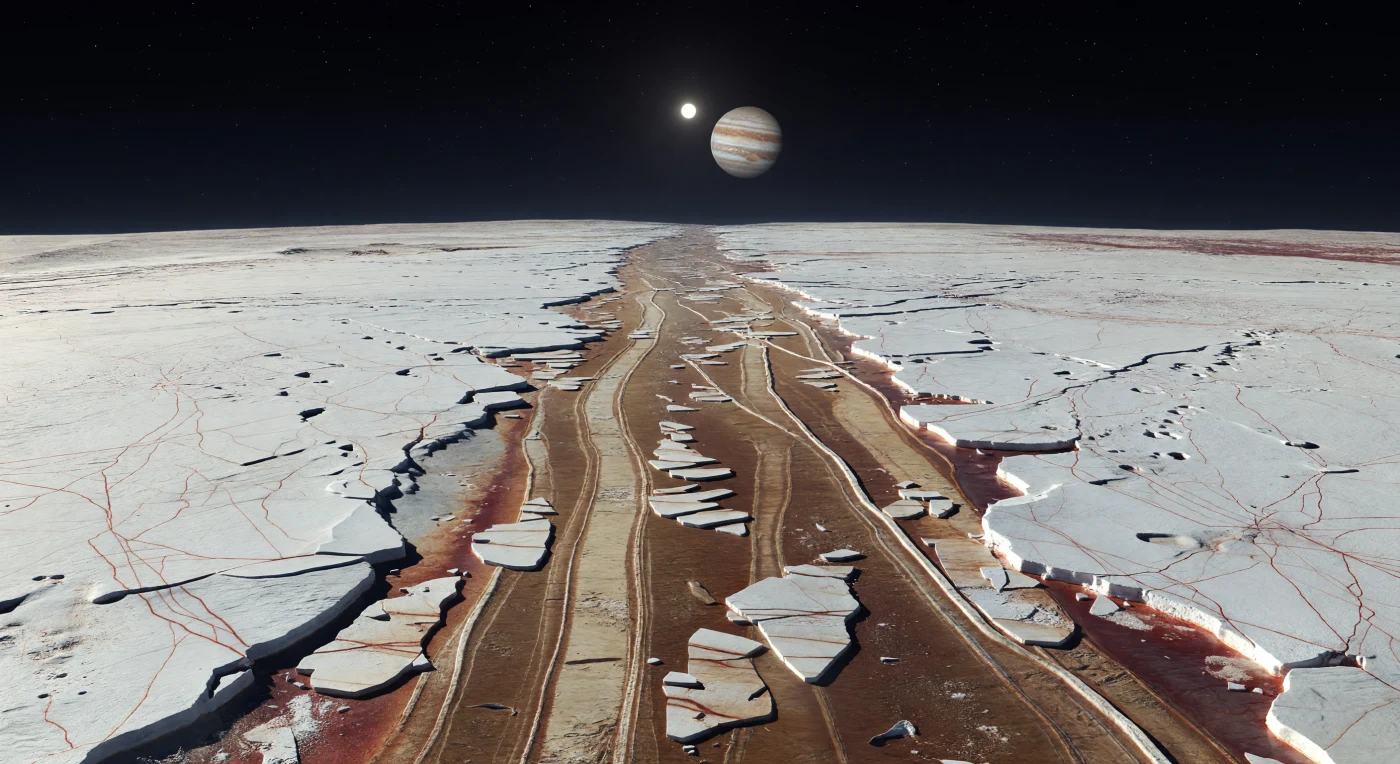 Sous vos pieds s’ouvre une immense bande d’extension, large comme un centre d’accrétion figé, où la croûte de glace d’eau claire se sépare en révélant un cœur plus sombre, strié de rainures parallèles, de plaques brisées et pivotées, et de glaces tachées de sels aux teintes ocre, fauve et brun rouge. De part et d’autre, l’ancien terrain crème à blanc bleuté paraît lisse de loin, mais se révèle cisaillé par un lacis serré de lineae brunâtres, de doubles crêtes basses, de faibles dépressions et de petites cuvettes, témoins d’une coquille glacée continuellement fracturée par les contraintes de marée. Ici, aucune eau liquide n’affleure : tout est dur, cassant et intensément froid, avec des arêtes de fracture étonnamment nettes sous la faible gravité, tandis que la chimie de surface et les saumures remontées puis gelées ont assombri la glace récemment exposée. Dans le ciel noir sans brume, le Soleil, petit mais éclatant, projette une lumière blanche et dure qui découpe des ombres tranchées sur des dizaines de kilomètres, et l’ampleur de cette cicatrice gelée donne l’impression de se tenir au bord d’un monde à la fois silencieux, actif et profondément étranger.