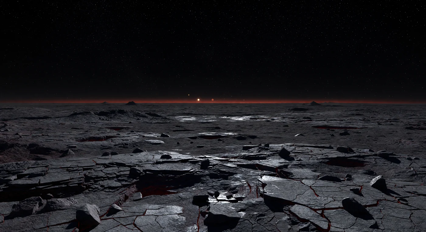 Sous un ciel presque parfaitement noir, saturé d’étoiles nettes faute d’atmosphère diffuse, s’étend une plaine immense de basalte mat fracturé en dalles polygonales, crêtes de compression et blocs anguleux écrasés par une gravité supérieure à celle de la Terre. Sur les surfaces les plus froides, un fin film condensé gris argenté — probablement issu de vapeurs minérales retombées sous forme de givre rocheux — souligne les fissures et tapisse les creux d’un éclat métallique discret, tandis que de rares fentes rouge sombre laissent filtrer la chaleur persistante d’un magma enfoui très loin sous la croûte. L’extrême proximité de l’étoile sur l’hémisphère opposé a probablement façonné ce monde verrouillé gravitationnellement, où la nuit permanente reste sèche, presque sous vide, avec des ombres d’une netteté coupante et aucun adoucissement atmosphérique. Au ras de l’horizon, un mince liseré couleur braise marque la frontière avec le côté incandescent, donnant à cette étendue volcanique figée une beauté austère, comme si l’on se tenait au bord silencieux d’une fournaise cachée derrière la courbure du monde.