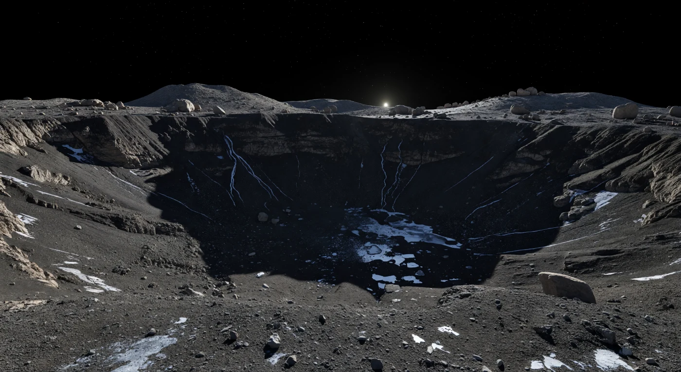 Au bord de ce cratère polaire plongé dans l’ombre permanente, le sol de régolithe gelé apparaît en gris anthracite, mêlant poussière fine, fragments rocheux anguleux brisés par les impacts, minéraux argileux hydratés et sels, avec par endroits de minces plaques de glace d’eau qui renvoient de faibles lueurs argentées bleutées. L’intérieur du bassin tombe presque dans le noir absolu, seulement interrompu par quelques scintillements de givre piégé par le froid, tandis que les parois abruptes, terrassées et fracturées, descendent en gradins vers l’obscurité sous de longues ombres tranchantes, préservées par une gravité très faible et l’absence quasi totale d’atmosphère. Tout en haut, la bordure éclairée par un Soleil bas, plus petit qu’on ne le voit depuis la Terre, brille d’un gris pâle à gris doré, révélant des blocs de la taille d’une maison et des champs d’éjectas nets qui donnent au cratère l’allure d’une couronne montagneuse. Dans ce vide sans brume ni météo, où les étoiles restent visibles en plein jour, l’air glacé n’existe pas : seul demeure le silence d’un monde ancien, riche en glaces, en sels et en matériaux altérés par l’eau, figés dans une nuit polaire qui peut durer des ères.