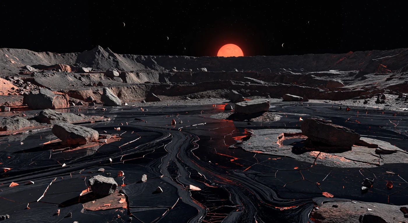 Au fond d’un immense bassin d’impact, le sol se déploie comme une mer figée de verre noir, lisse et brillant, où des fissures de refroidissement polygonales, des bourrelets de pression et des textures cordées trahissent l’ancien écoulement d’une roche fondue par un choc cataclysmique. Des îlots de brèche, blocs anguleux de matériaux basaltiques et ultramafiques arrachés puis abandonnés au milieu de la nappe vitrifiée, émergent çà et là comme des récifs sombres, tandis que plus loin les terrasses concentriques, les cicatrices d’effondrement et les remparts internes du cratère révèlent une destruction à l’échelle de plusieurs kilomètres. Sous la lumière rasante d’une étoile rouge-orangé suspendue bas sur l’horizon, les reflets cuivrés glissent sur l’obsidienne naturelle et les ombres tombent nettes, sans diffusion ni adoucissement, signe d’un monde pratiquement dépourvu d’atmosphère. Le ciel, d’un noir absolu jusque sur une ligne d’horizon d’une précision implacable, donne à cette étendue de roche irradiée et de verre d’impact une présence à la fois silencieuse, immense et profondément étrangère.