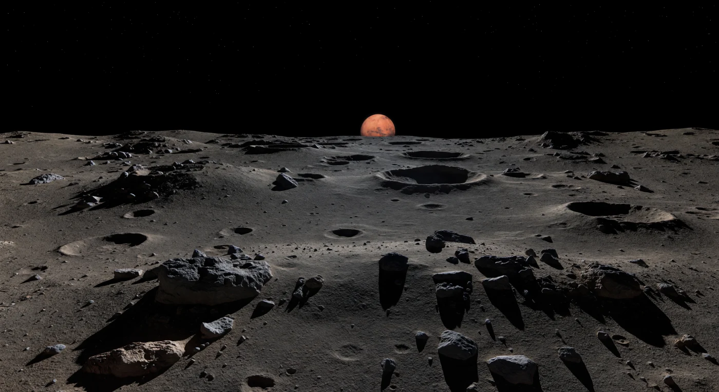 À l’heure rasante du lever ou du coucher du Soleil, une plaine de régolithe sombre et finement poudreux s’étire jusqu’à un horizon proche et subtilement courbe, découpée en bandes alternées de lumière gris brun et d’ombres noires d’une netteté absolue. Le sol, composé de matériaux carbonés pauvres en réflectivité, est moucheté de microcratères adoucis, de dépressions emboîtées et de blocs bréchiques sombres à demi enfouis, témoins d’une surface façonnée presque uniquement par les impacts et lentement lissée par une poussière exceptionnellement meuble dans une gravité infime. Sous le ciel du vide, parfaitement noir même en plein jour, le Soleil apparaît comme un petit disque blanc impitoyable, projetant des ombres longues de centaines de mètres, tandis que l’énorme disque rougeâtre de Mars, suspendu bas du côté qui lui fait face, verse une lueur à peine perceptible qui révèle un soupçon de détail au fond des ténèbres. Tout paraît immobile, tranchant et silencieux, comme si l’on se tenait sur un éclat d’astéroïde figé dans l’espace, où chaque relief minuscule acquiert une présence démesurée.