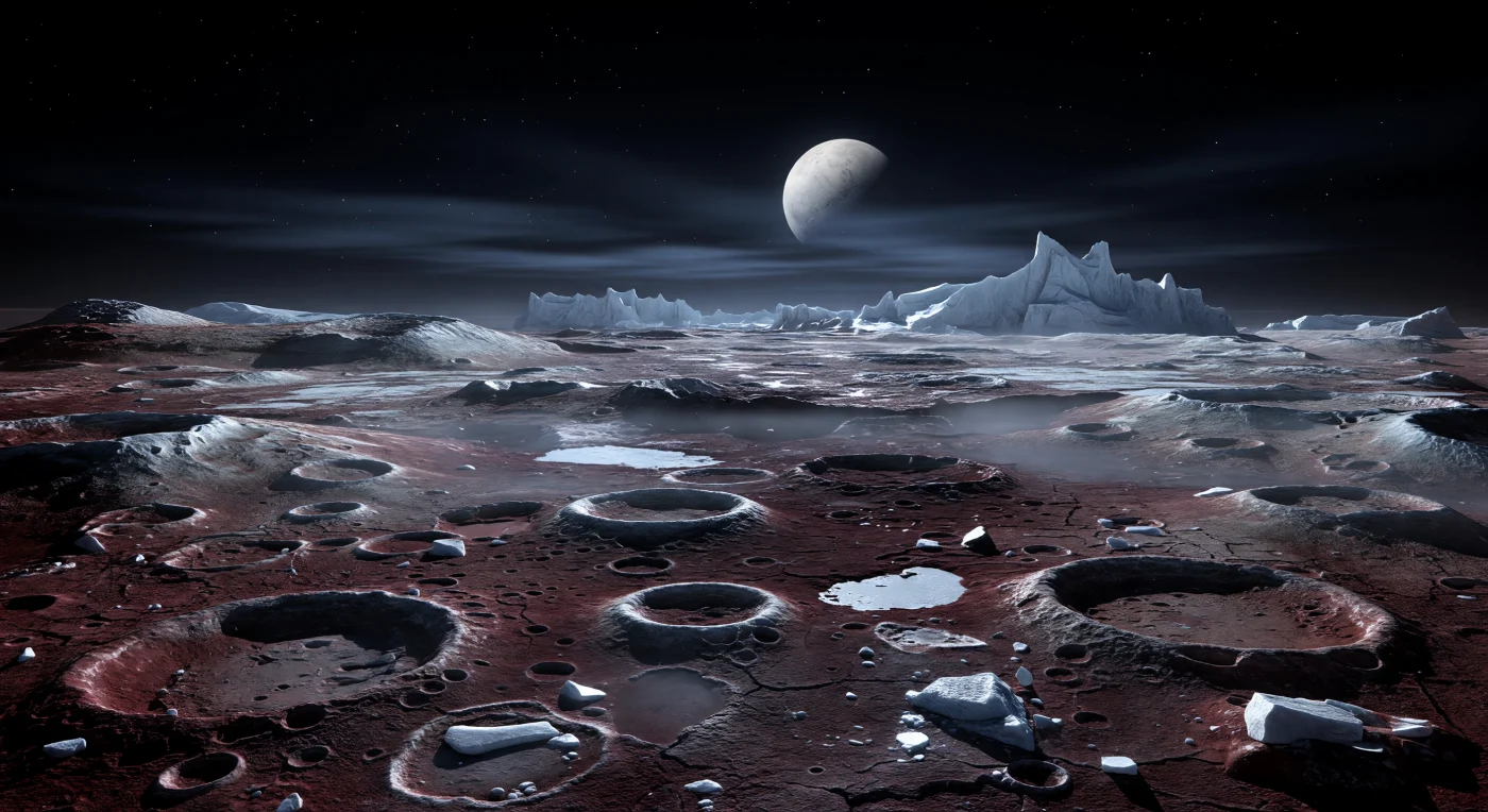Sous la lueur fantomatique de Charon, figé dans un ciel presque noir, le sol se déploie en une immensité ancienne de cratères emboîtés, de crêtes givrées et de blocs anguleux de glace d’eau, tous nappés de dépôts sombres riches en tholins qui teintent le paysage de pourpre profond, de marron et d’ocre rougeâtre. Cette bande équatoriale très ancienne enregistre des milliards d’années d’impacts : dans la faible gravité, les rebords des cratères restent étonnamment nets, tandis que les pentes en ombre retiennent de minces pellicules de givre d’azote et de méthane, bleu-blanc pâle, et que l’on devine çà et là la glace d’eau plus claire sous la poussière organique. La lumière ici n’est pas solaire mais réfléchie, froide et faible, si bien que les tholins absorbent puis réémettent doucement cette clarté secondaire, donnant aux reliefs une lueur brun-rouge presque irréelle et allongeant des ombres délicates dans les bassins et les fractures polygonales. Au loin, au-delà d’une plaine criblée d’impacts, des massifs de glace d’eau se dressent abruptement vers l’horizon, d’autant plus vertigineux que l’atmosphère d’azote, extrêmement ténue, laisse les étoiles visibles au-dessus de fines brumes stratifiées bleutées et d’un silence absolu.