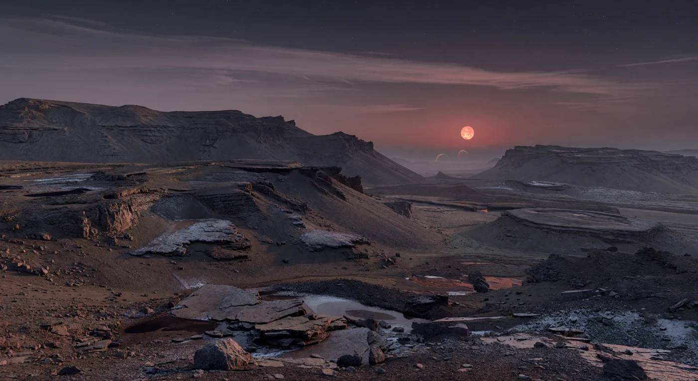 Voor je verheffen zich donkere, breedgeschouderde ruggen van basaltisch en ultramafisch gesteente, als kilometershoge massieven die in lagen wegvallen in de eeuwige schemering, terwijl hun voet bedekt is met roestbruine puinhellingen, hoekige blokken, door wind geschuurde regoliet en hier en daar vuile ijsresten in beschaduwde spleten. Het landschap oogt oud en zwaar: afgevlakte kraterranden, getrapte steilwanden en lange puinwaaiers verraden een verleden van inslagen, vulkanisme en langzame verwering onder een zwaartekracht die hellingen compact en massief houdt. Aan de ene horizon hangt een grote, dof rood-oranje dwergster laag boven de rand van de wereld, die door een karmijn-amberkleurige luchtband een zwak, diffuus licht werpt en schaduwen kilometers ver uitrekt; de tegenoverliggende hemel verloopt via mauve en violet naar blauwzwarte nacht, met dunne wolkenslierten en de eerste sterren die al zichtbaar worden. In deze stikstofrijke, koude en droge terminatorzone voelt alles tegelijk stil en enorm: koperkleurige glans op steen en ijs, een ijle waas die verre richelwanden opslokt, en mogelijk slechts enkele zwarte, matachtige vlekken die zich vastklampen aan beschutte rotsen als een voorzichtige hint van lichtabsorberend leven.