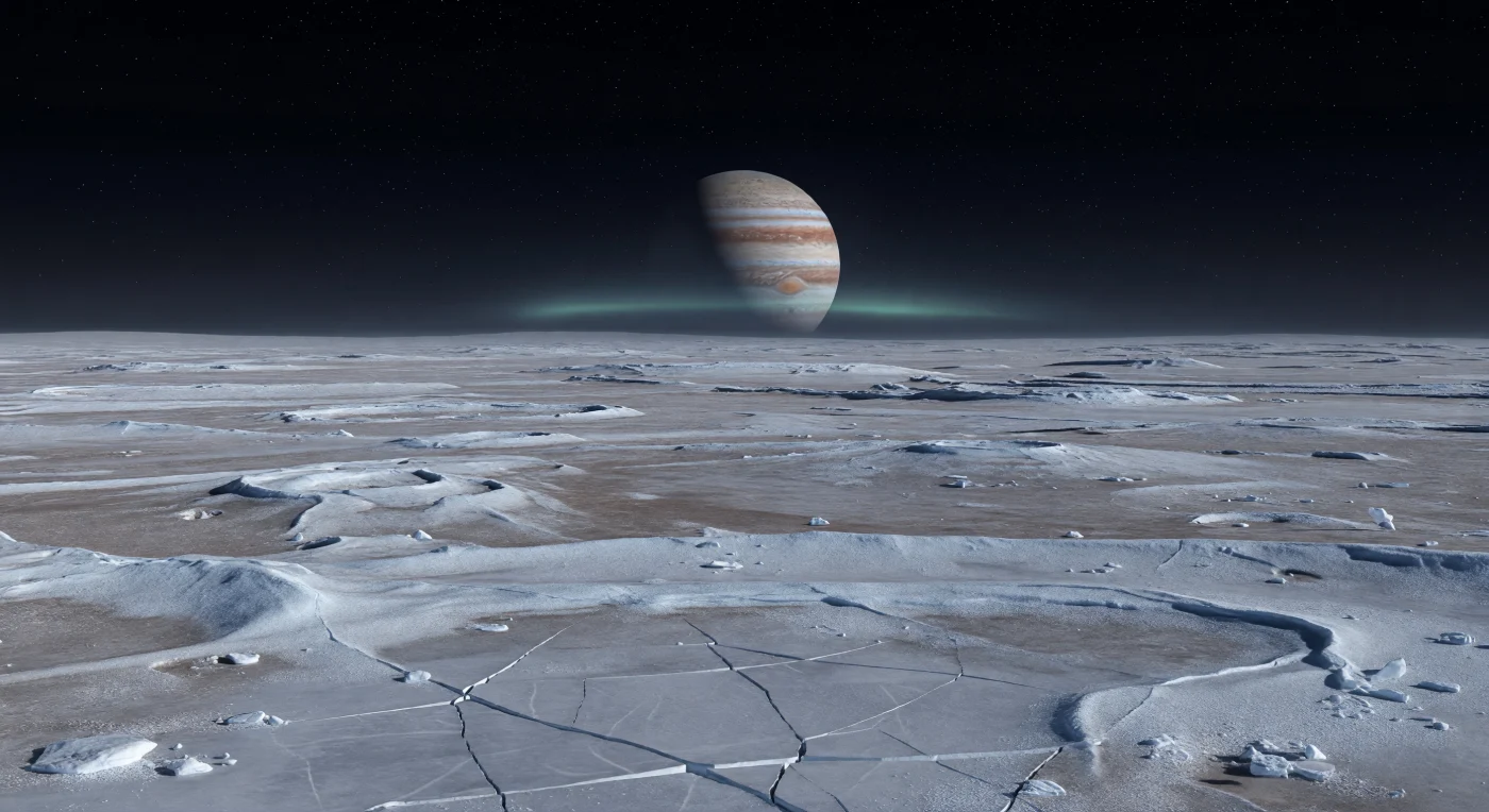 Sous un ciel parfaitement noir, piqué d’étoiles d’une netteté implacable, une immense plaine glacée s’étend à perte de vue, faiblement révélée par la lueur réfléchie de Jupiter, énorme disque barré de bandes crème, fauves et brun rouge au ras de l’horizon. Le sol, entièrement figé dans le vide, mêle glace d’eau dure, régolithe glacé souillé d’impuretés silicatées et matériaux altérés par le rayonnement, formant un damier discret de givre bleu-blanc, de gris sourds et de brun-gris, où apparaissent fractures polygonales cassantes, faibles crêtes tectoniques rainurées, blocs anguleux et petites cuvettes d’impact poudrées de gel. Au loin, des rebords de cratères émoussés et de longs fossés s’effacent dans la pénombre, leur relief subtilement accentué par la faible gravité, tandis qu’un fin arc auroral d’oxygène, bleu-vert et diffus, flotte près de l’horizon polaire — une signature délicate de l’interaction entre la magnétosphère propre de ce monde et l’environnement magnétique jovien. Dans ce silence absolu, sans air, sans brume et sans la moindre trace de liquide, la lumière froide accroche par endroits des éclats cristallins sur le givre, donnant à ce désert gelé une beauté austère, presque surnaturelle.