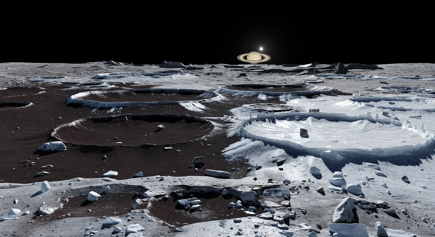Davanti a te si apre una fascia di transizione quasi irreale, dove orli di crateri, collinette di ejecta e pendii poco profondi sono divisi in due mondi opposti: da un lato distese opache di polveri carboniose bruno-nerastre, dall’altro ghiaccio d’acqua abbagliante, inciso da venature di brina e da blocchi fratturati che scintillano nella luce dura del Sole lontano. Il suolo granulare, un miscuglio di regolite gelata, detriti angolari e accumuli scuri intrappolati nelle depressioni, racconta una superficie antichissima modellata da impatti, sublimazione e migrazione termica del ghiaccio, processo che concentra il materiale scuro nelle zone più calde mentre preserva il bianco luminoso nei settori più freddi e in ombra. Nella bassa gravità, creste insolitamente nette, massi precariamente in equilibrio e pareti crateriche terrazzate sembrano sfidare la delicatezza del paesaggio, mentre in lontananza pianure craterizzate risalgono verso alture spezzate, amplificando il senso di una scala immensa su un piccolo mondo remoto. Sopra tutto, un cielo nero assoluto senza aria né foschia rende le ombre taglienti come lame, e il disco pallido e inanellato sospeso basso sull’orizzonte aggiunge alla scena una quiete cosmica tanto austera quanto sublime.
