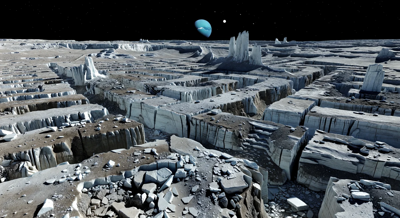 Au fond de ce labyrinthe de failles, le sol est un chaos de glace d’eau brisée, de dalles fracturées et de blocs anguleux saupoudrés de poussières sombres altérées par le rayonnement, tandis que des escarpements immenses et des tranchées étroites se croisent à angles vifs comme les murs d’une forteresse effondrée. Ici, la croûte glacée a été étirée, cassée et affaissée par une tectonique intense, formant grabens, terrasses de faille, rides déformées et dépôts d’éboulement qui témoignent d’une histoire de resurfaçage et de contraintes internes sur un petit monde pourtant d’une topographie extrême. En l’absence totale d’atmosphère, chaque arête reste d’une netteté implacable sous une lumière solaire minuscule mais crue : une paroi scintille d’éclats blancs et bleu pâle, tandis que la fracture opposée s’enfonce dans un noir absolu. Au-dessus de ce désert glacé silencieux, suspendu dans un ciel parfaitement noir, le disque bleu-vert de la planète dominante paraît immense, accentuant à la fois l’étrangeté du lieu, la faiblesse de la gravité et l’échelle vertigineuse de ces falaises qui semblent trop hautes et trop abruptes pour un si petit astre.