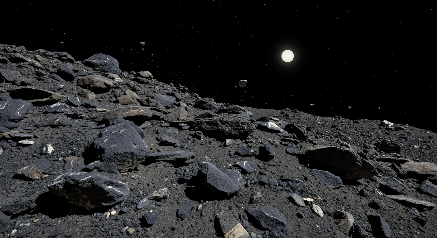 أمامك منحدر حطامي حاد يبدو كأنه كومة أنقاض على وشك الانهيار: صخور وزوايا وصفائح مكسورة بلون أسود وفحمي، تتخللها جيوب من الثرى الخشن وفراغات تهبط مباشرة إلى ظلام مطلق. هذه المواد الداكنة غنية بالكربون وتحمل معادن مميهة بدائية من بدايات النظام الشمسي، وسطحها الخشن شديد المسامية يكشف طبيعة هذا العالم كركام مترابط بضعف، حيث تكاد الجاذبية المتناهية الضآلة لا تكفي لتثبيت الحصى والصخور المتوازنة على حواف بارزة، بل تسمح أحيانًا لحبيبات غبار صغيرة بأن ترتفع في أقواس بطيئة فوق الأرض. تحت ضوء شمسي قاسٍ بلا غلاف جوي، تنحت الظلال السوداء الحادة كل شق وواجهة كسر، وتبرز عروق معدنية فاتحة متناثرة في الحجر المعتم. ومع انحناء السطح سريعًا نحو أفق قريب على نحو غير مألوف، تشعر أنك واقف على عالم صغير للغاية، صامت وخاوٍ من الهواء، لكنه مع ذلك مليء بسجل جيولوجي أولي هش ومذهل.
