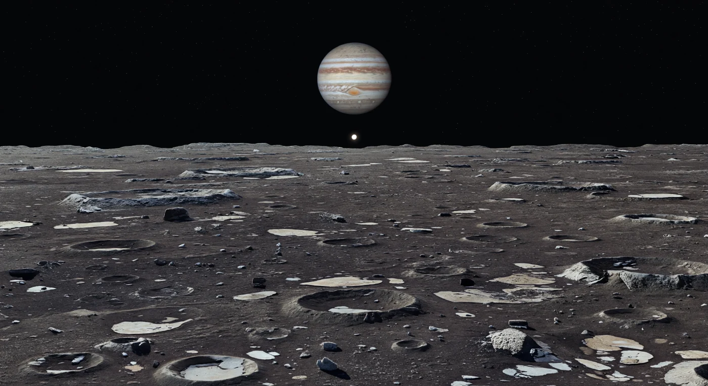 À midi local, on se tient sur une plaine antique où le régolithe sombre, brun charbon à gris ardoise, est criblé d’innombrables petites cavités d’impact, de blocs anguleux mêlant glace d’eau souillée et fragments silicatés, et de plages d’éjectas pâles qui tranchent sur les dépôts plus noirs. Le relief, faible mais omniprésent, se lit dans la superposition de cratères émoussés, de bourrelets discrets, de chaînettes lointaines et d’anneaux de bassins à peine relevés : un véritable palimpseste façonné par des milliards d’années de bombardement, préservé par une gravité modeste et l’absence presque totale de renouvellement géologique. Au-dessus de cet horizon net, dans un ciel parfaitement noir faute d’atmosphère capable de diffuser la lumière, l’astre géant reste presque immobile, immense disque strié de bandes crème, fauves et rouille, bien plus large que notre Lune vue depuis la Terre. Le Soleil, minuscule mais d’une intensité coupante, projette des ombres noires aux contours durs sous chaque pierre et chaque lèvre de cratère, donnant à ce désert glacé et poussiéreux une clarté froide, silencieuse et profondément étrangère.