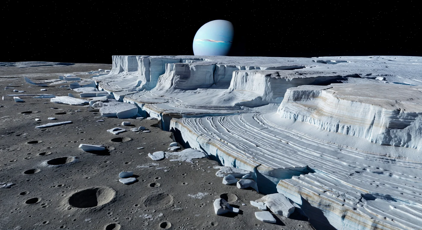 Une frontière tectonique nette tranche le paysage en diagonale, opposant brutalement un ancien terrain sombre, criblé de petits cratères aux rebords émoussés et couvert d’un régolithe glacé rugueux, à une province plus jeune, éclatante, sillonnée de crêtes, de fossés et de gradins de faille aux arêtes incroyablement vives. Ici, la croûte est dominée par de la glace d’eau: les surfaces anciennes paraissent ternes, poussiéreuses et contaminées de faibles teintes gris brun, tandis que les escarpements récents exposent des parois claires qui reflètent faiblement une lumière solaire minuscule mais tranchante, projetant des ombres noires et dures dans un vide sans atmosphère. La faible gravité permet à des falaises et blocs de faille de conserver des pentes étonnamment abruptes, et, au loin, d’immenses escarpements et dépressions rappellent que ce petit monde a subi une déformation tectonique extrême, peut-être liée à un réchauffement interne ancien et à un resurfaçage des coronae. Sous un ciel d’un noir absolu où flotte un gigantesque disque cyan pâle au-dessus de l’horizon, chaque relief reste d’une netteté irréelle jusqu’à la distance, donnant l’impression de se tenir au bord d’une cicatrice gelée ouverte dans la croûte d’un monde fracturé.