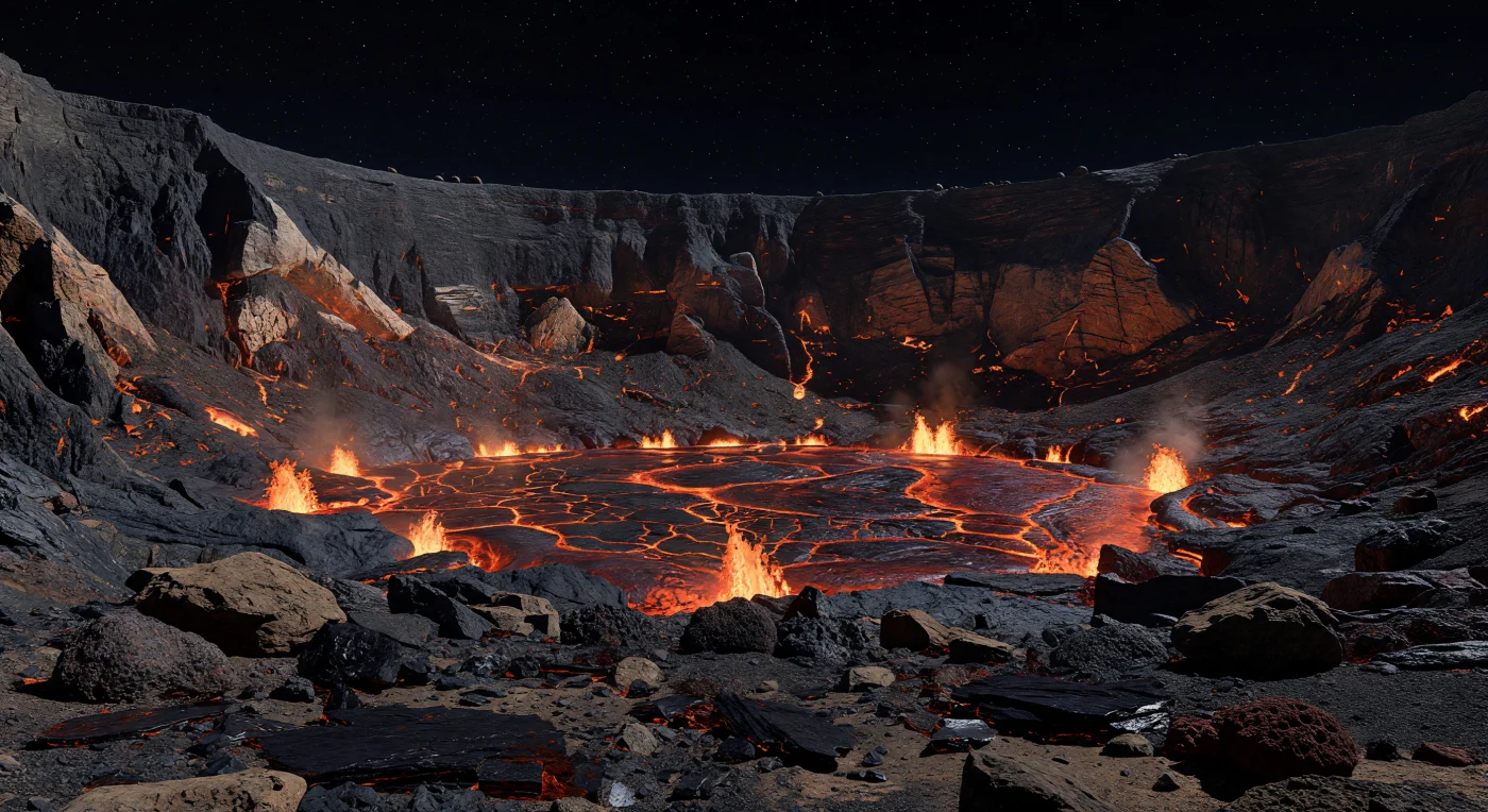 Au bord de ce bassin volcanique colossal, on voit un lac de lave silicatée s’agiter dans une caldeira aux parois presque verticales, noires comme le métal bruni, où des corniches fracturées, des terrasses d’effondrement et des talus d’éboulis se détachent dans une lumière venue d’en bas. La surface du magma, d’un rouge orangé incandescent jusqu’au blanc-orange aux fissures les plus chaudes, se couvre sans cesse d’une croûte sombre qui se brise en plaques polygonales, tandis que de courtes fontaines épaisses retombent lourdement sous une gravité d’environ 2,4 fois celle de la Terre, projetant des éclaboussures lumineuses sur des verres volcaniques noirs, des scories vésiculaires et des dalles luisantes semblables à de l’obsidienne. Ici, l’atmosphère est absente ou extrêmement ténue : le ciel reste d’un noir profond, piqué d’étoiles nettes et de quelques points brillants du système extérieur, tandis qu’au ras du lac seul un léger voile de vapeur minérale trahit la chaleur extrême des roches en fusion. L’ensemble a l’échelle d’un amphithéâtre titanesque, où la lave disparaît dans l’ombre au loin et où les falaises, éclairées par le scintillement du magma, révèlent des couches basaltiques à ultramafiques, des dykes étroits et des fractures de refroidissement, donnant l’impression de se tenir au cœur nu et brûlant d’un monde minéral.